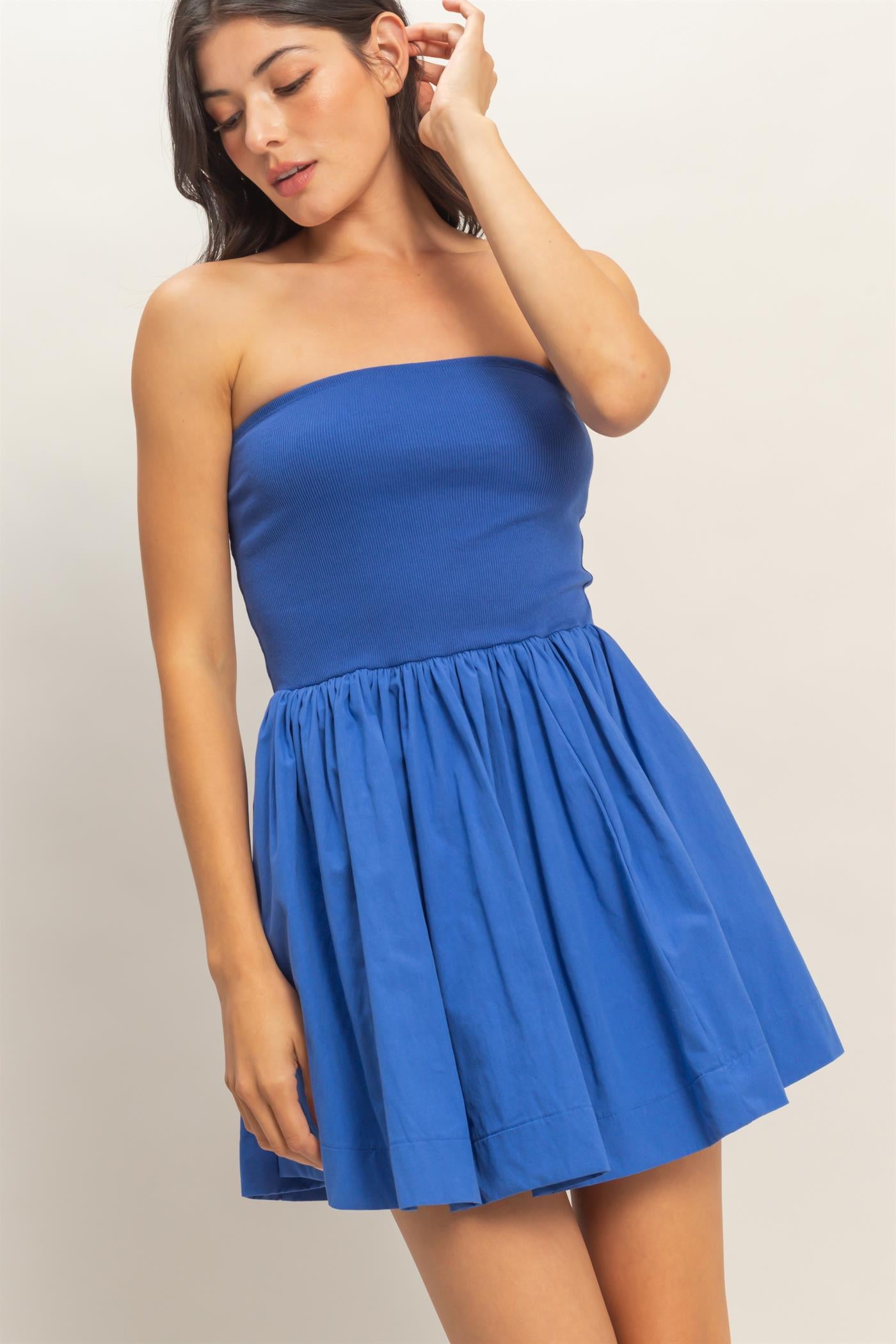 Wholesale Strapless Flowy Mini Dress Dresses DZ26C043 COBALT DOUBLE ZERO