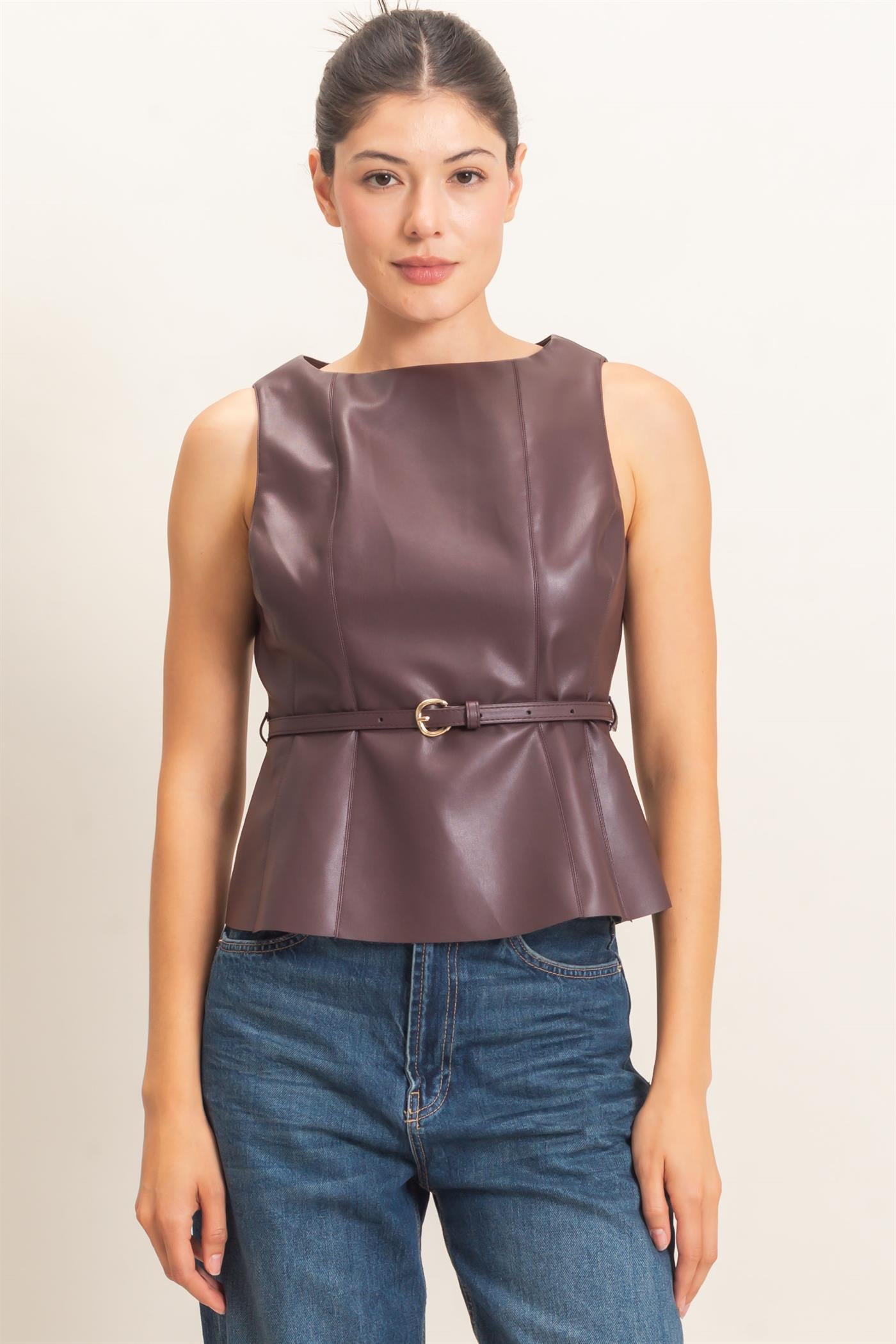 Wholesale Sleek Faux Leather Belted Top Clothing Tops HF26E543 DARK CHERRY HYFVE