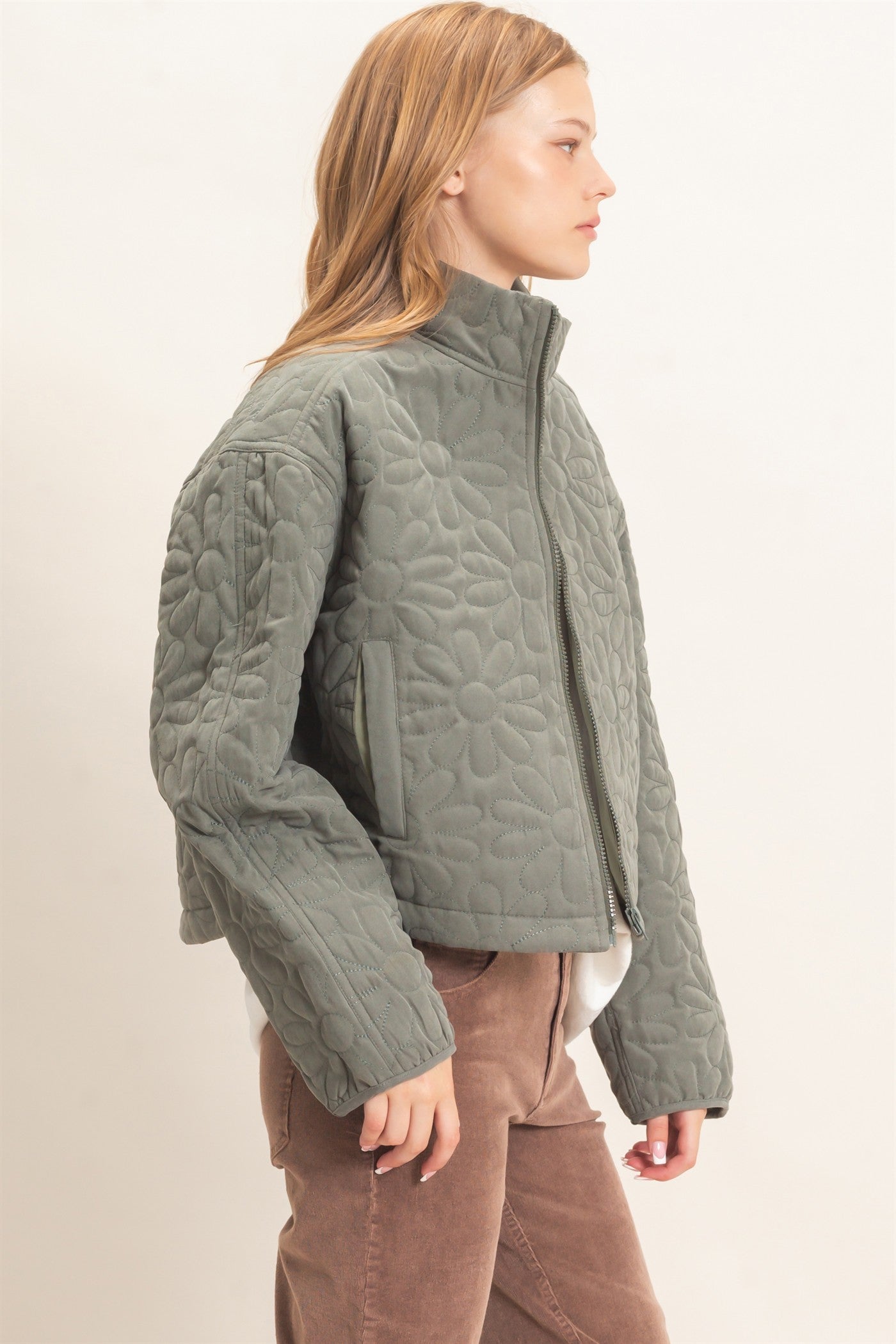 Wholesale Daisy Quilted Mock Neck Jacket Coats & Jackets HF26C821 OLIVE HYFVE