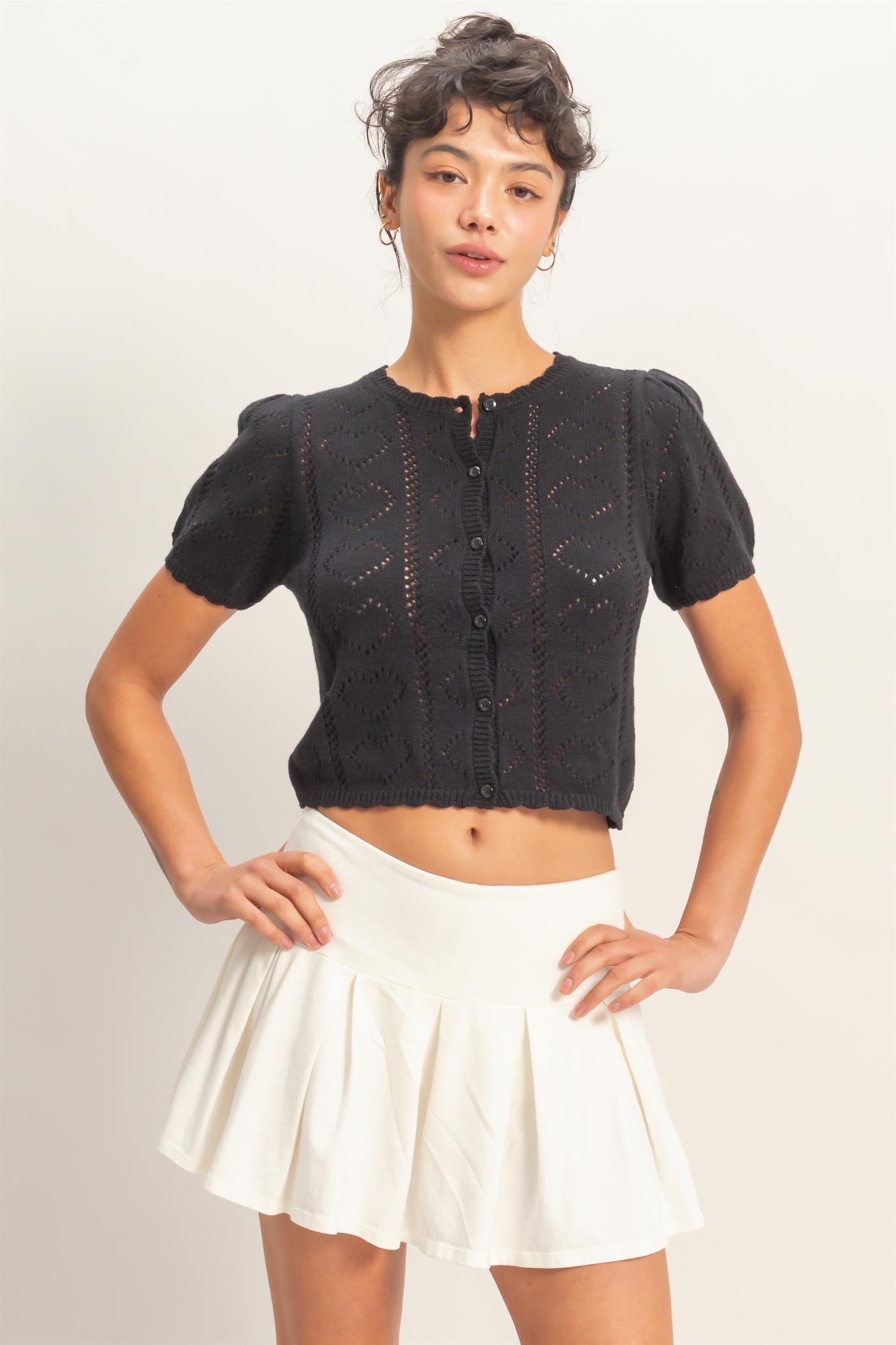 Wholesale Pointelle Knit Puff Sleeve Button Up Cardigan Cardigans DZ26A425 BLACK HYFVE