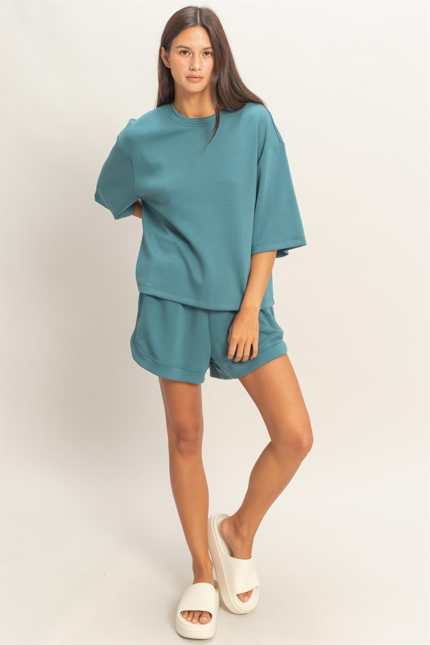 Wholesale Scuba Short Sleeve Boxy Top T-Shirts DZ26A271 DARK TEAL DOUBLE ZERO