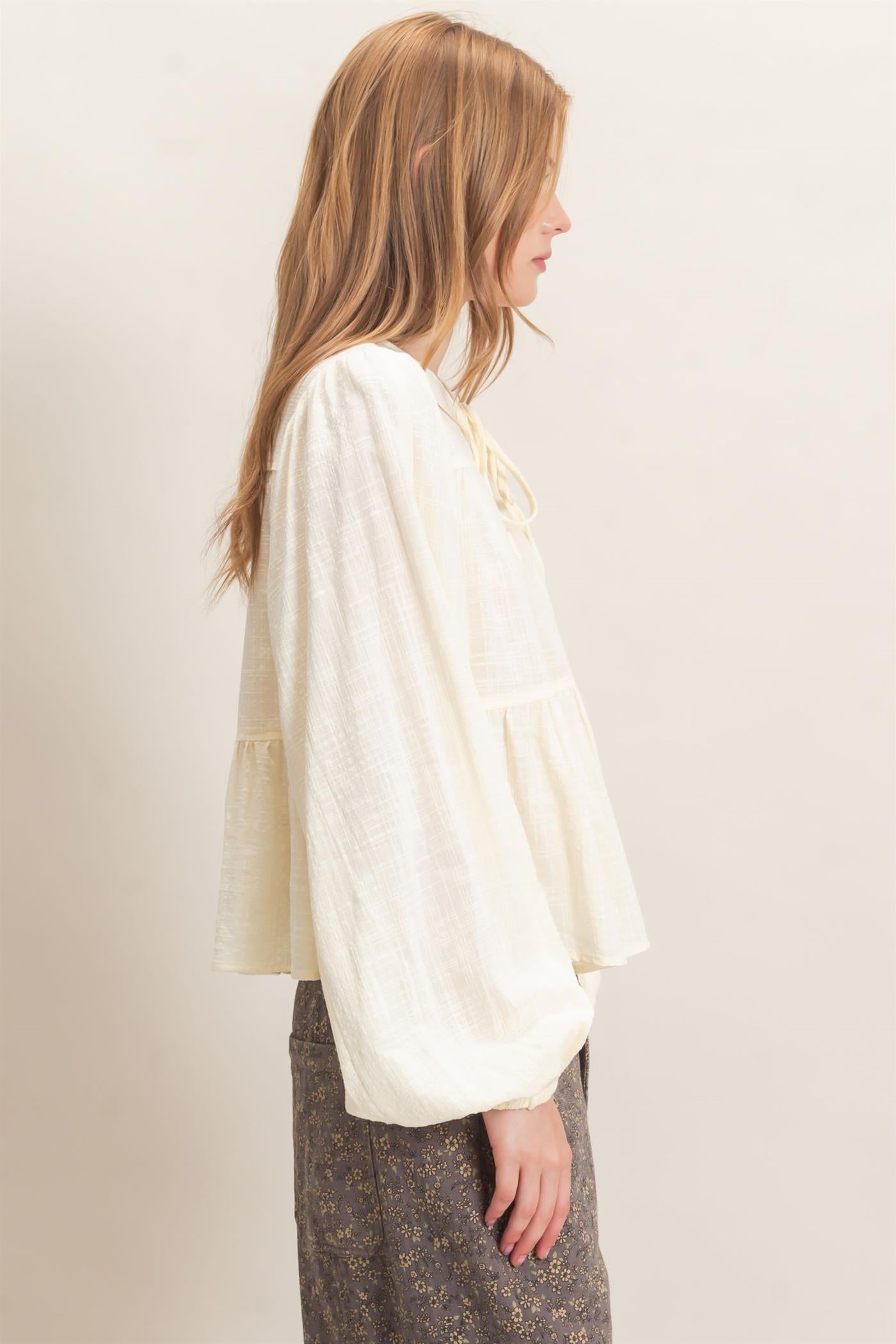 Wholesale Tie Front Peplum Blouse Blouses HF26F065 CREAM HYFVE
