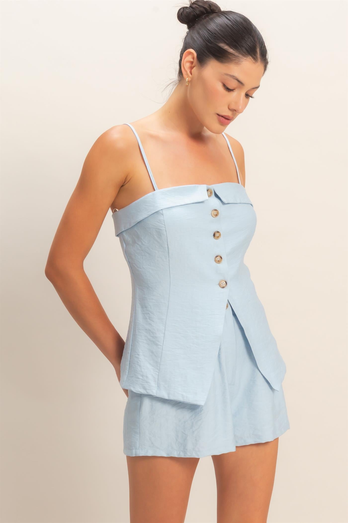 Wholesale Strap Buttoned Top And Shorts Set Clothing DZ26C115-SET ICE BLUE HYFVE