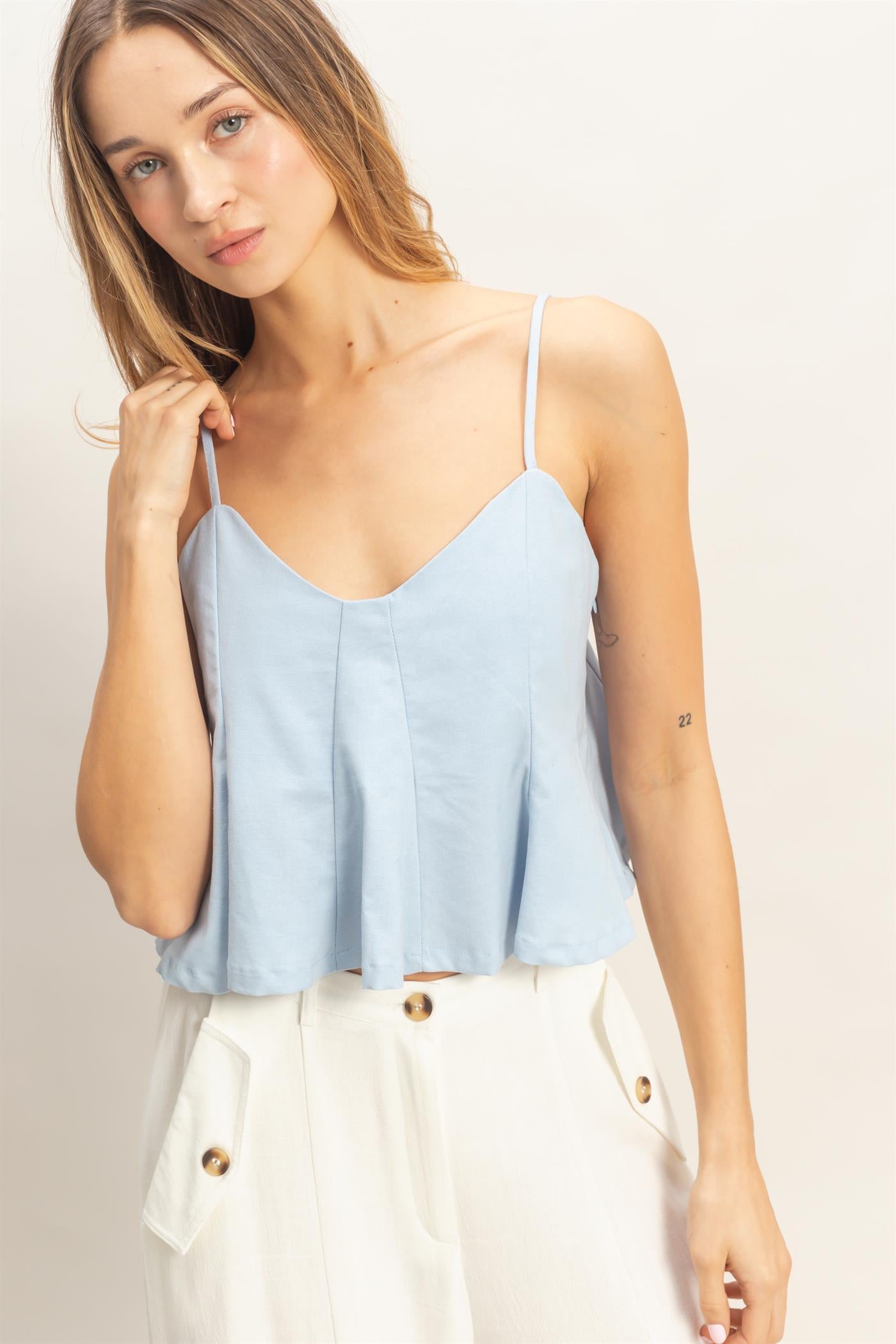 Wholesale Spaghetti Strap Peplum Top Blouses HF26A613 LIGHT BLUE HYFVE