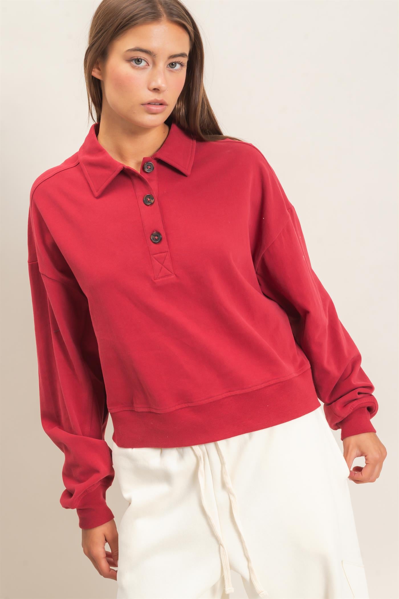 Wholesale Washed Button-Front Collared Sweatshirt Sweatshirts DZ26E390 DARK RED DOUBLE ZERO