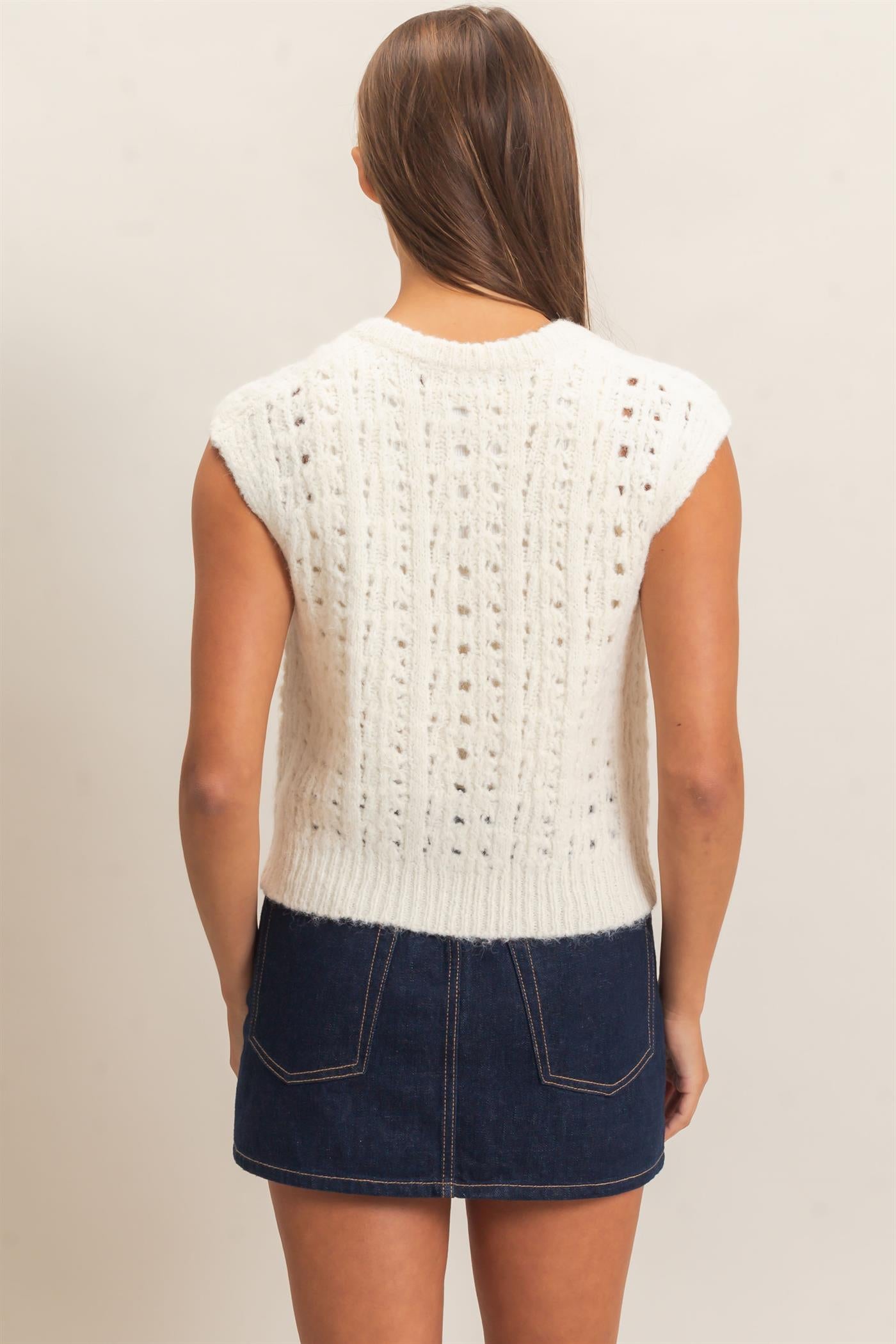 Wholesale Open Knit Sleeveless Button Front Sweater Vest Sweaters DZ26A829 CREAM DOUBLE ZERO