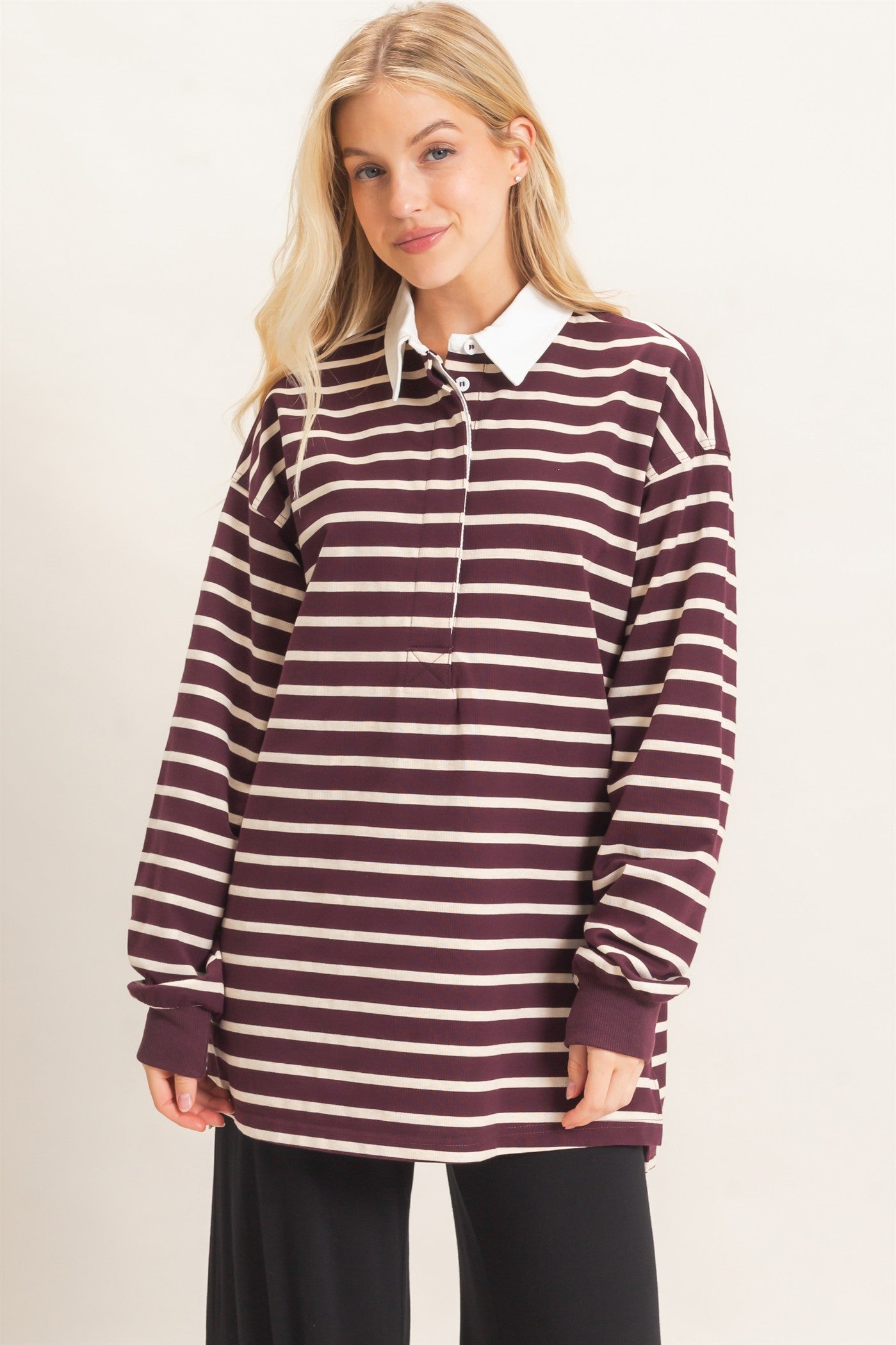 Wholesale Striped Polo Long Sleeve Top Clothing Tops HF26F078 RASPBERRY/ECRU HYFVE