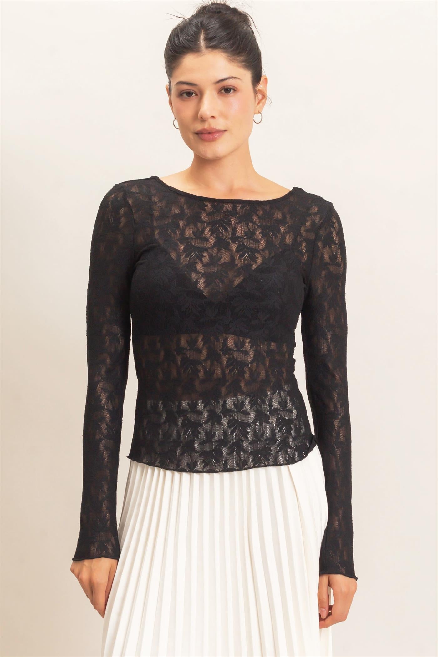 Wholesale Floral Lace Long Sleeve Top Clothing Tops HF26E309 BLACK HYFVE