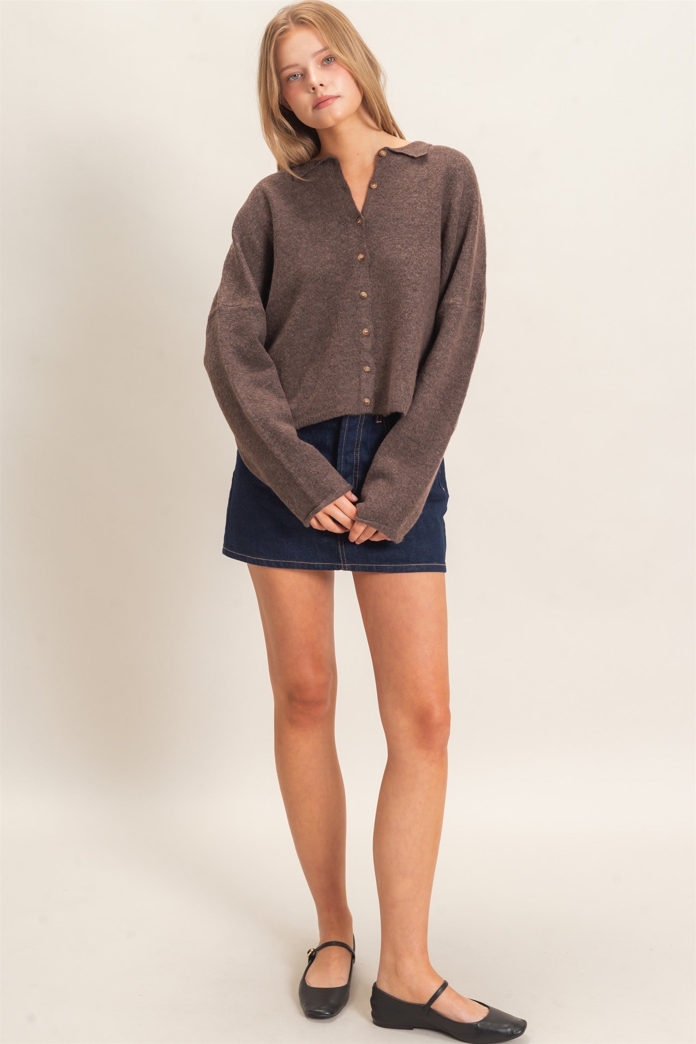 Wholesale Button-Up Collared Sweater Cardigan Cardigans HF26E039 BROWN HYFVE