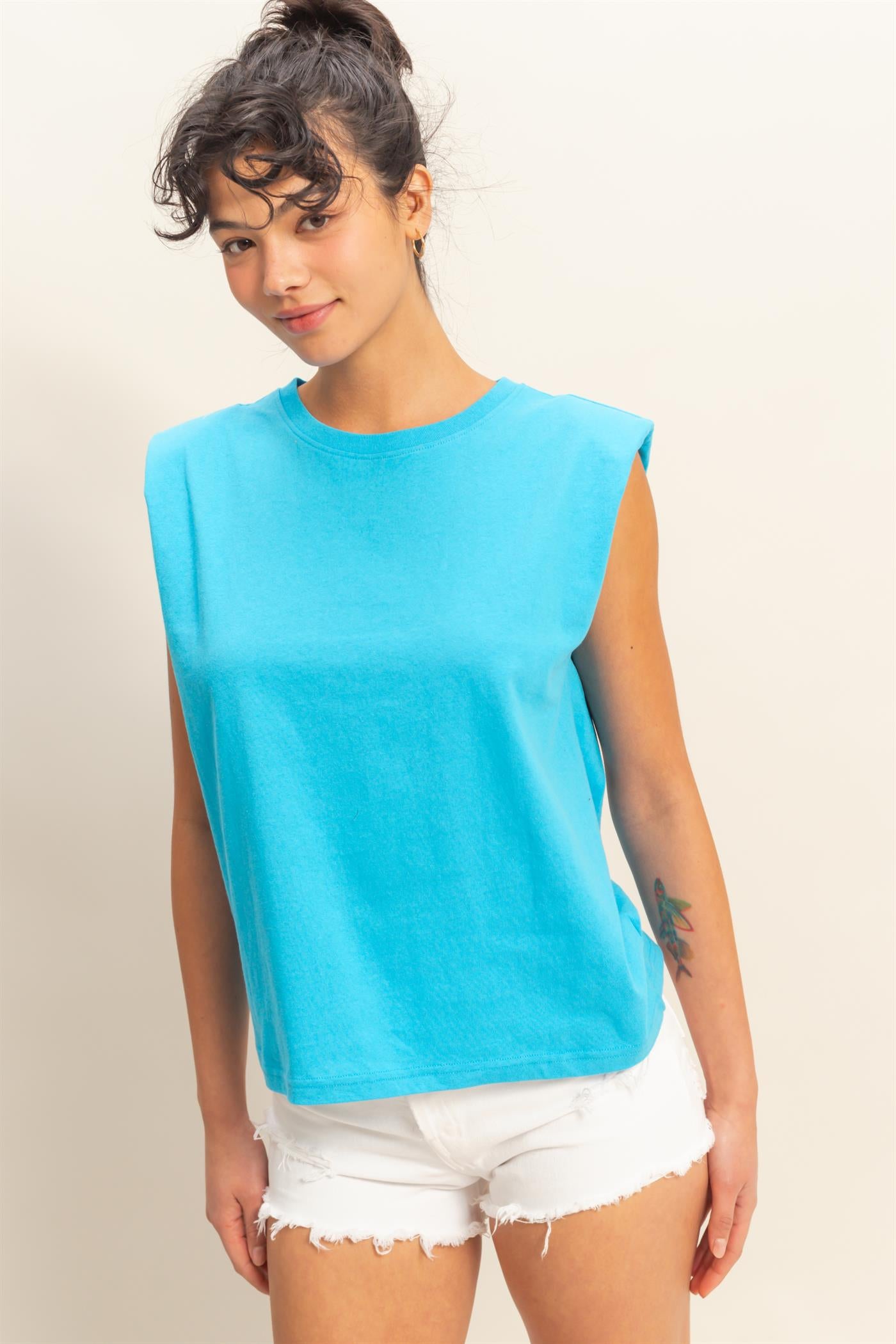 Wholesale Shoulder Pad Sleeveless Top Clothing Tops DZ24C849 AQUA BLUE DOUBLE ZERO