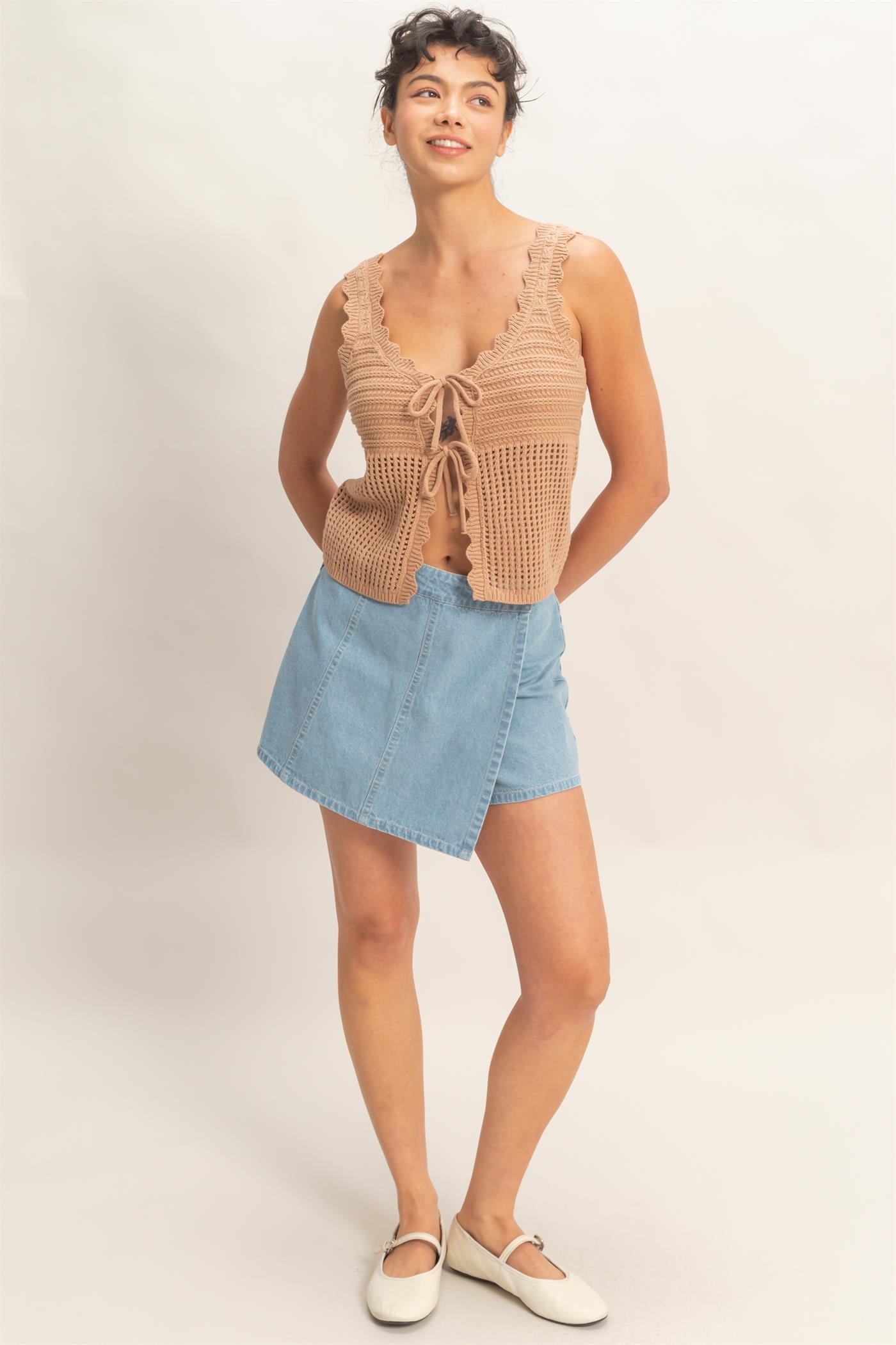Wholesale Sleeveless Open Knit Double Tie-Front Vest Shirts DZ26A809 DARK TAUPE DOUBLE ZERO