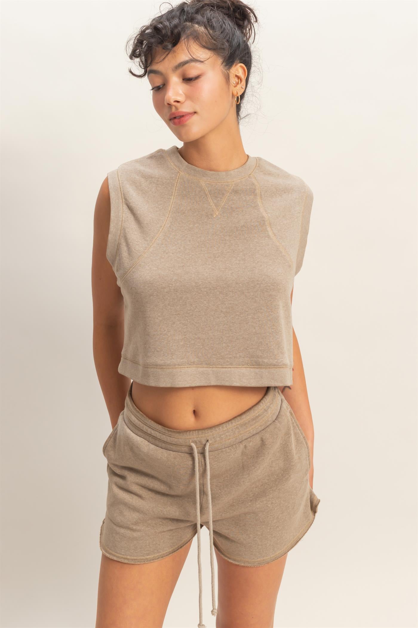 Wholesale Burnout French Terry Sleeveless Top & Shorts Set Clothing Tops DZ26A171-SET MOCHA DOUBLE ZERO