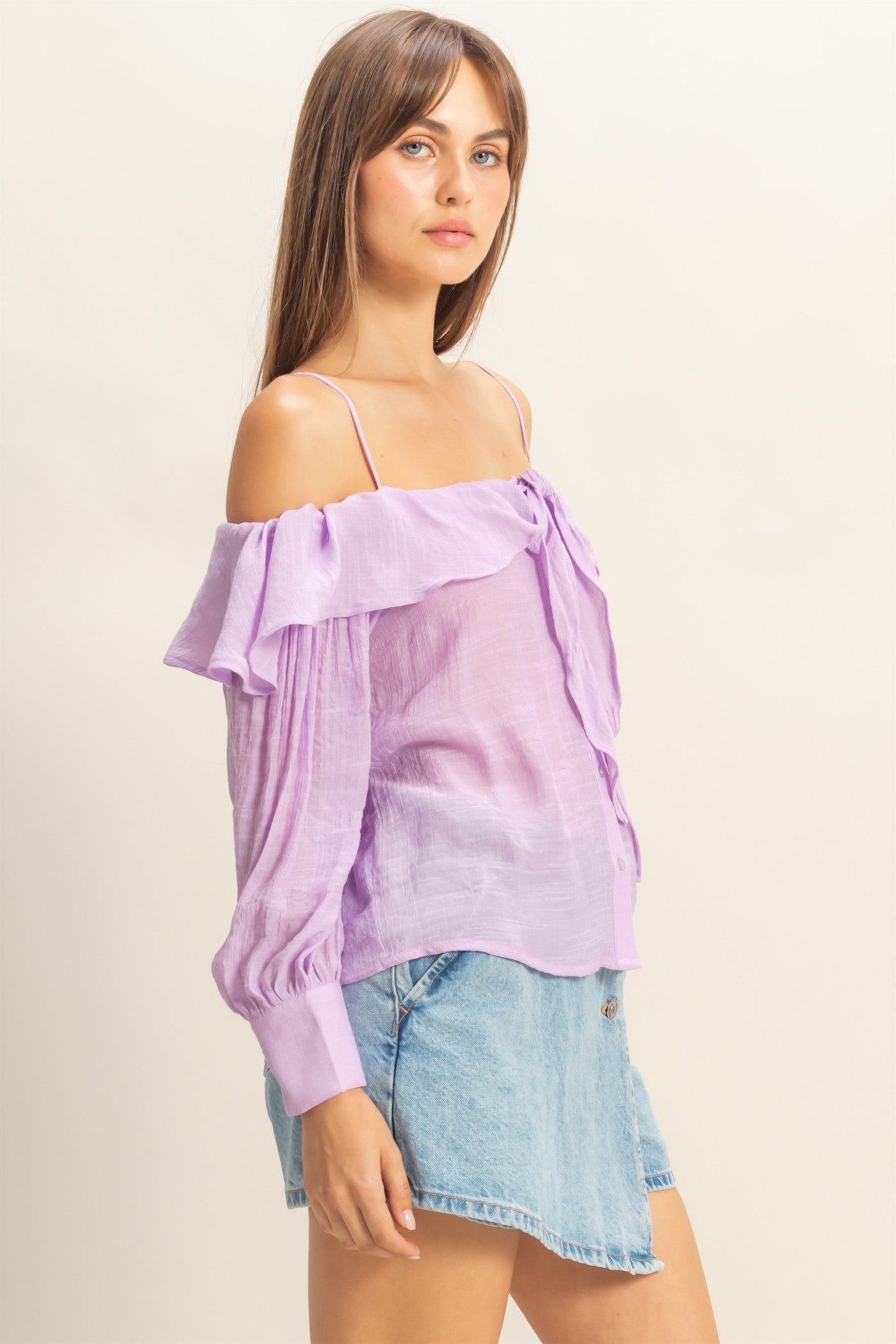 Wholesale Cold-Shoulder Ruffled Blouse Clothing Tops HF23C787 LAVENDER HYFVE