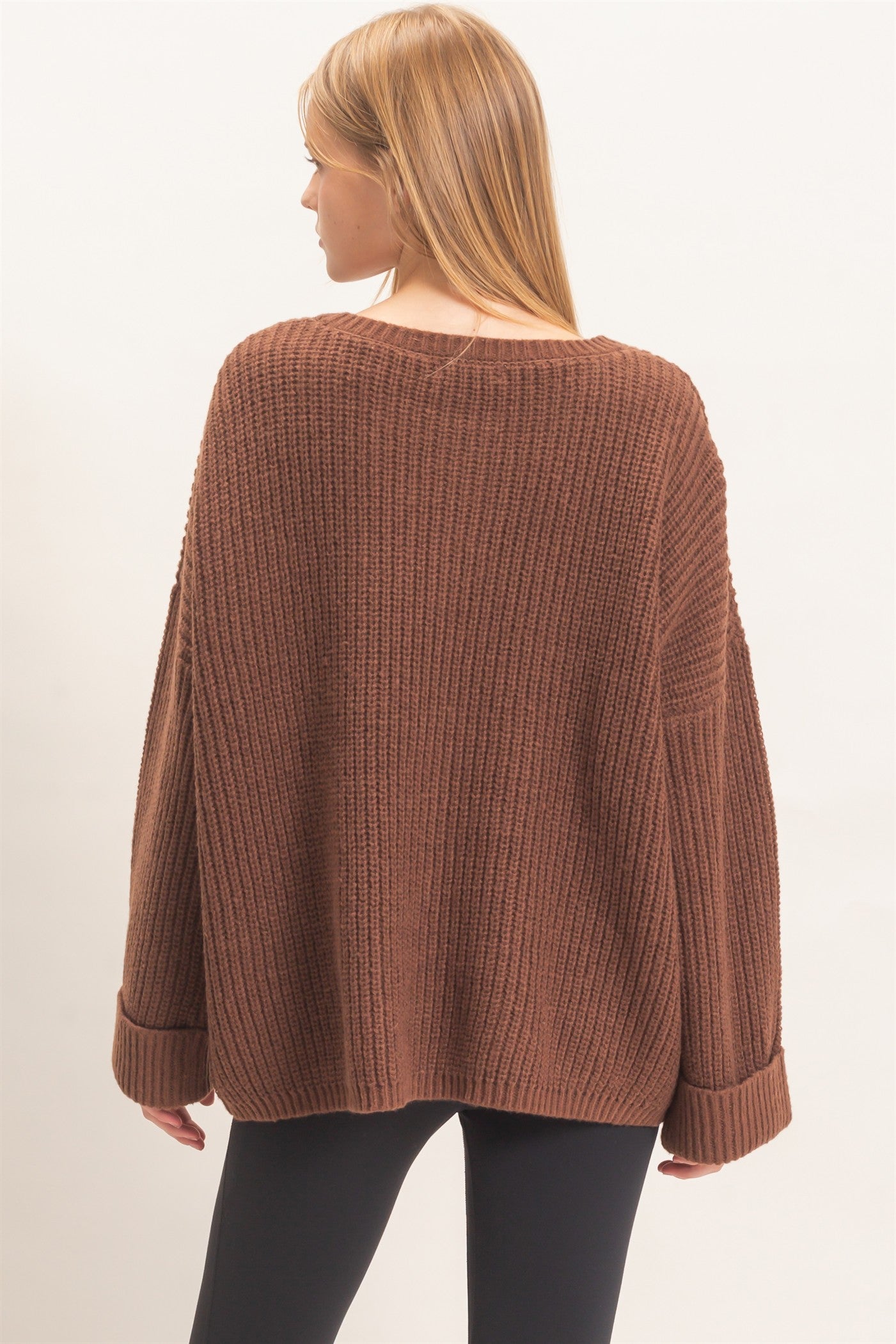 Wholesale Ribbed Knit Patch Pocket Sweater Sweaters HF26F177 BROWN HYFVE