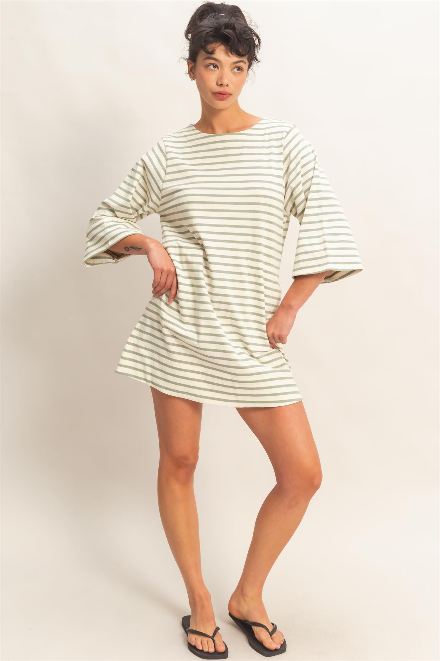Wholesale Striped Round Neck Half-Sleeve Mini Dress Dresses DZ26A460 SAGE GREEN DOUBLE ZERO