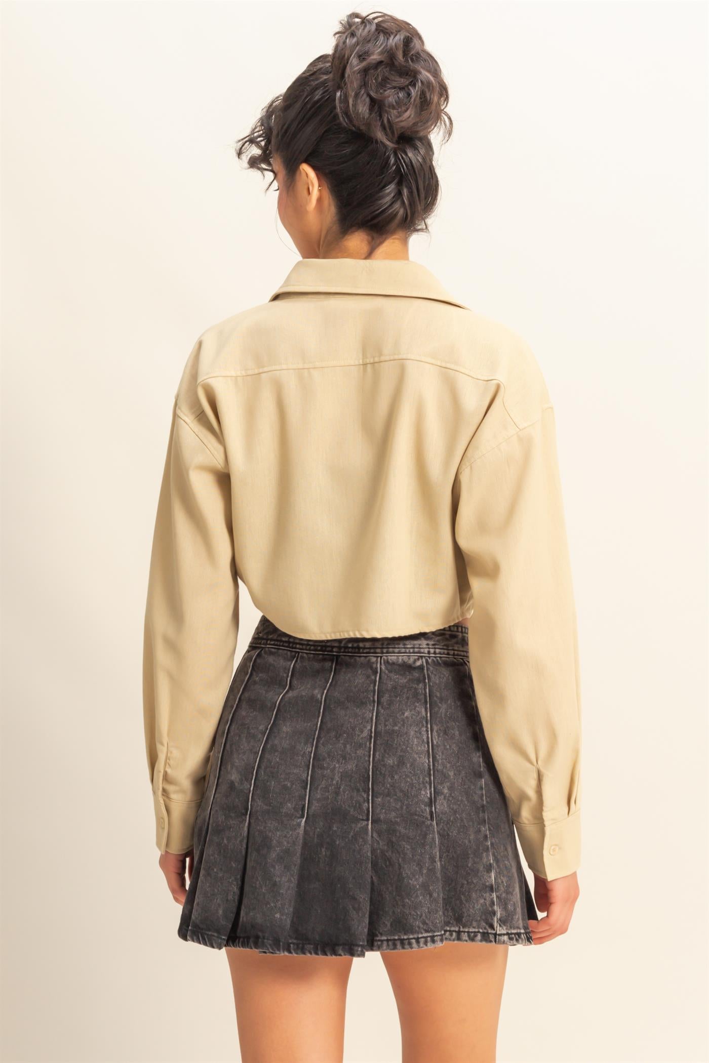 Wholesale Sand Washed Tie Front Crop Top Blouses DZ24C963 LIGHT TAUPE DOUBLE ZERO
