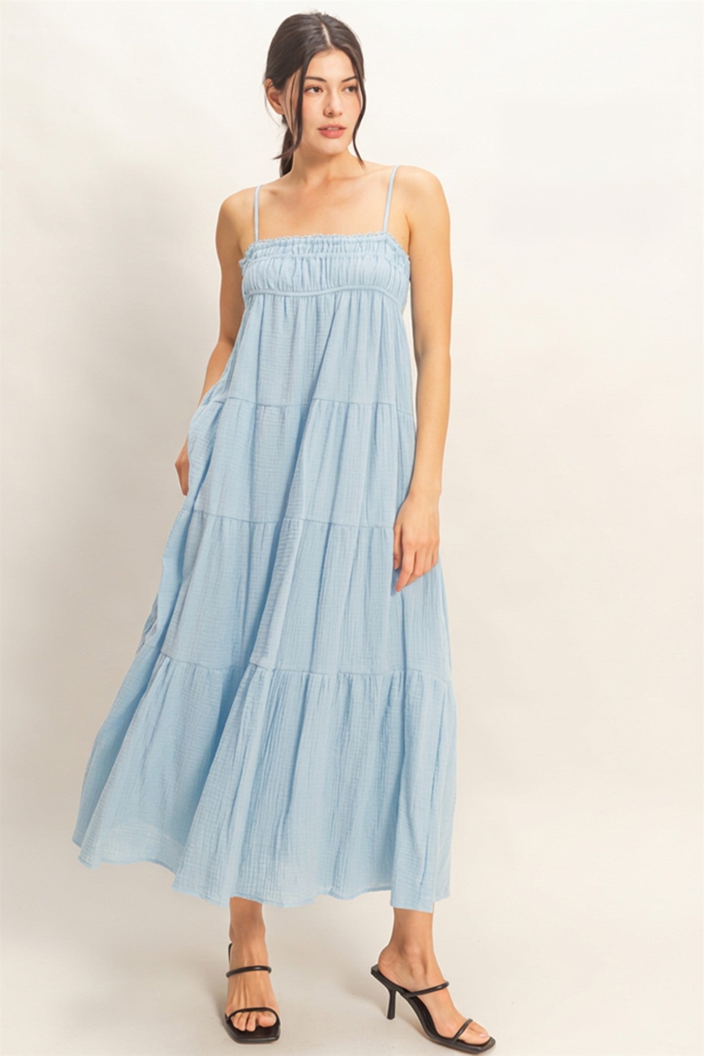 Wholesale Smocked Tiered Maxi Dress Dresses HF26C303 LIGHT BLUE HYFVE