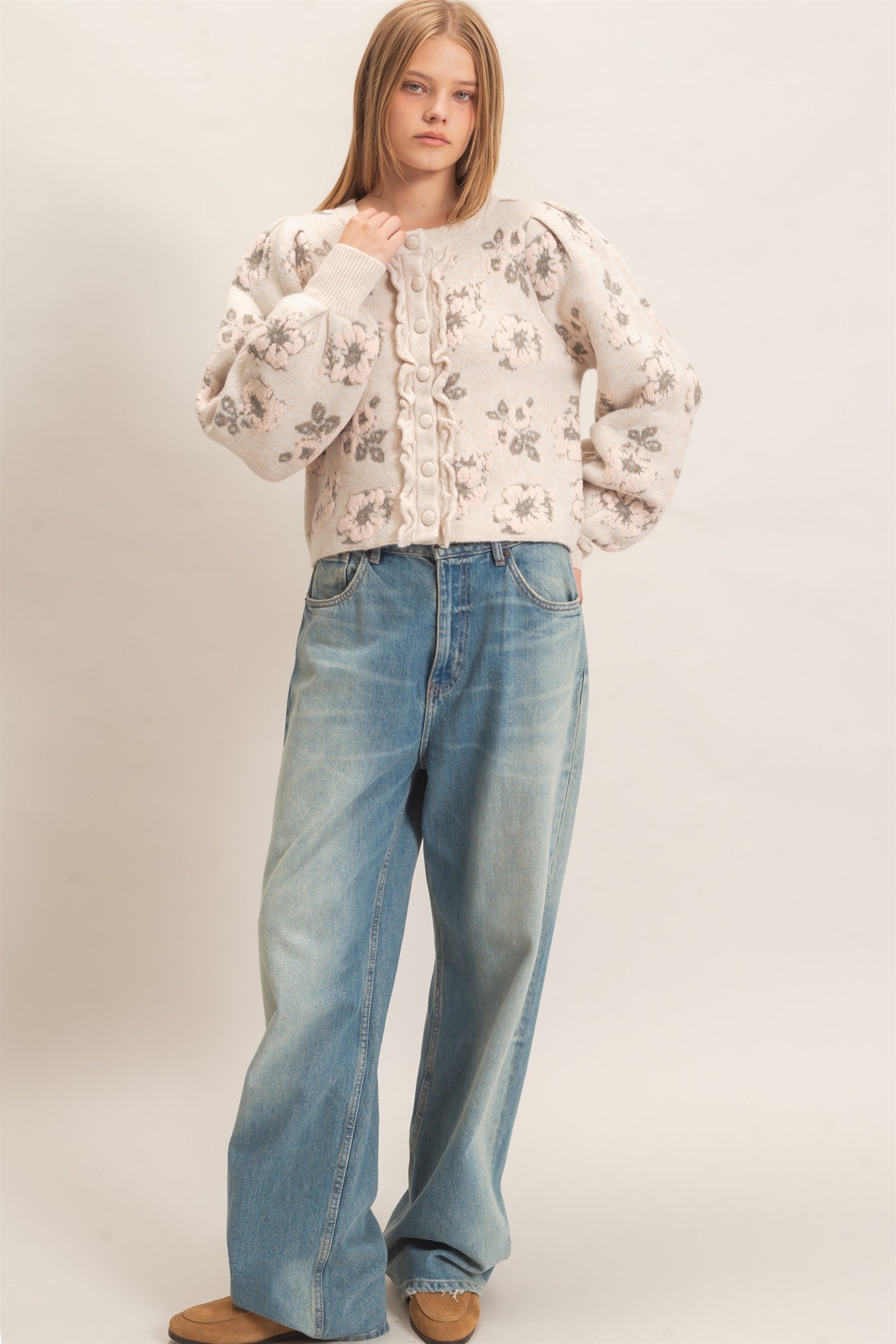 Wholesale Floral Jacquard Ruffle Placket Cardigan Cardigans HF26F148 BEIGE HYFVE