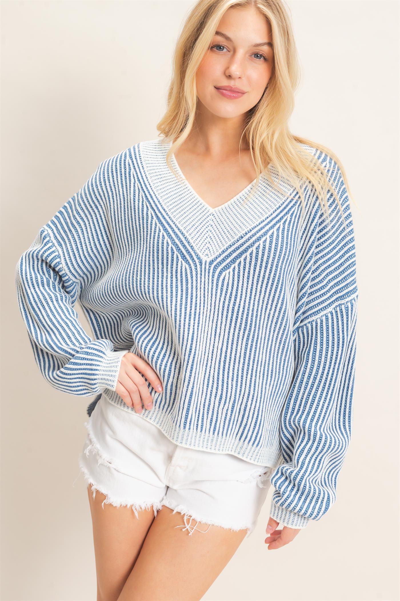 Wholesale Striped V-Neck Ribbed Sweater Sweaters HF26F202 BLUE HYFVE