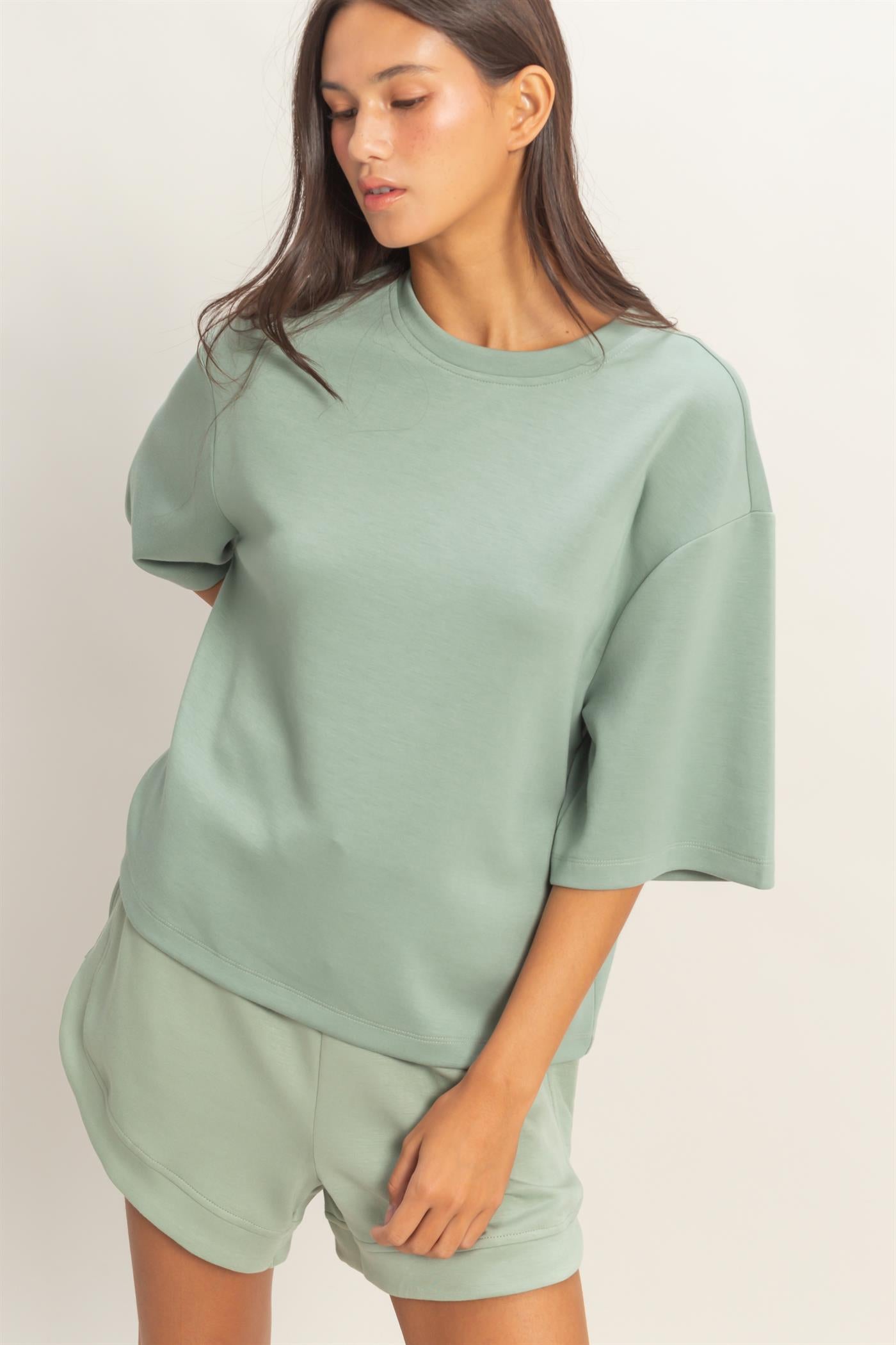 Wholesale Scuba Short Sleeve Boxy Top T-Shirts DZ26A271 SAGE GREEN DOUBLE ZERO