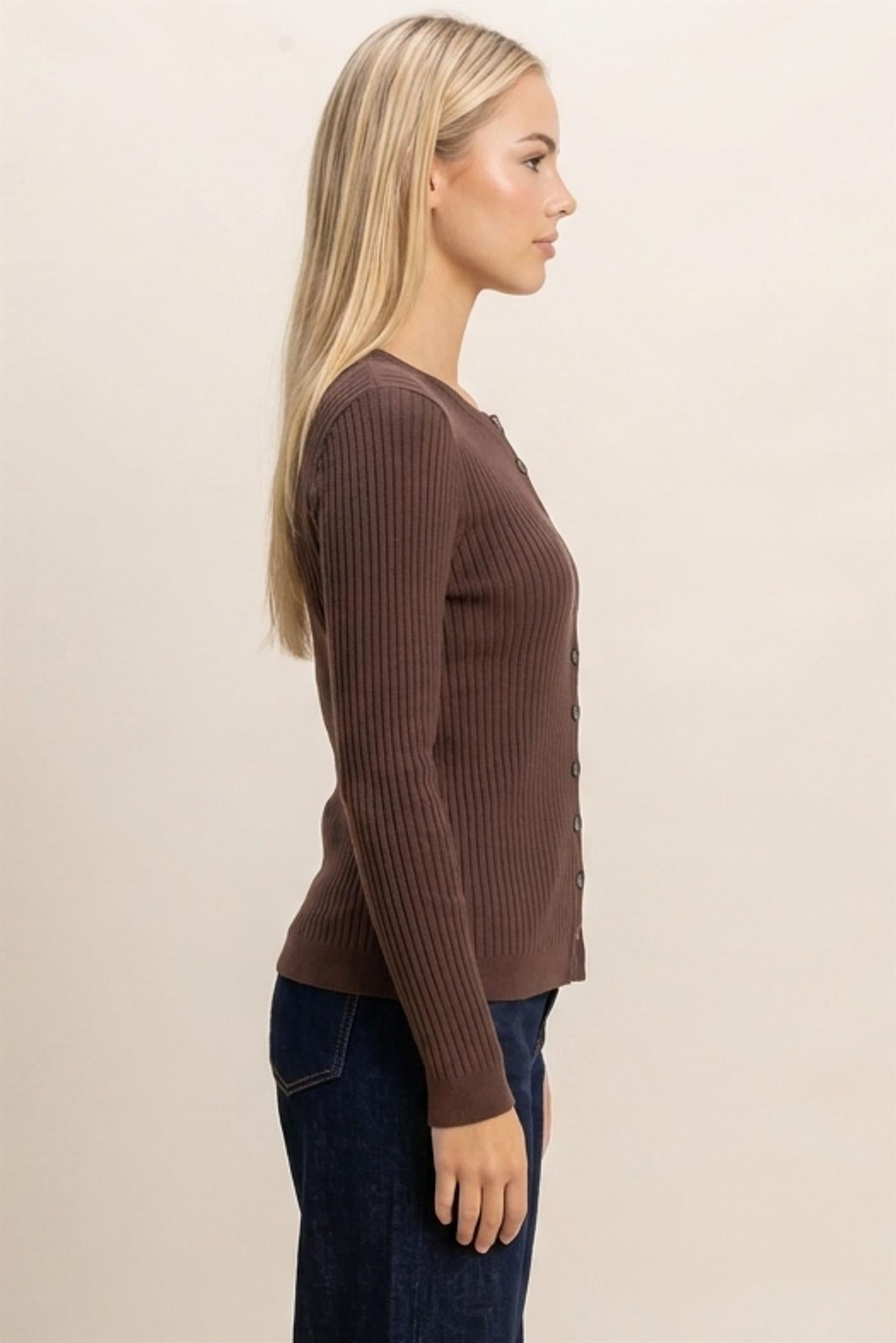 Wholesale Ribbed Button Front Cardigan Cardigans DZ26E322 DARK BROWN DOUBLE ZERO