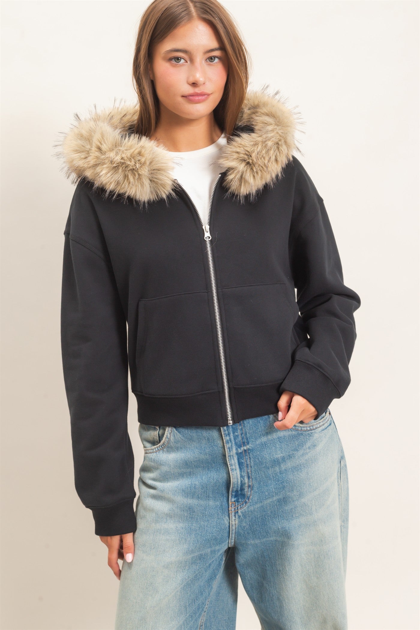 Wholesale Detachable Fur Zip Up Hoodie Hoodies DZ26F396 BLACK DOUBLE ZERO