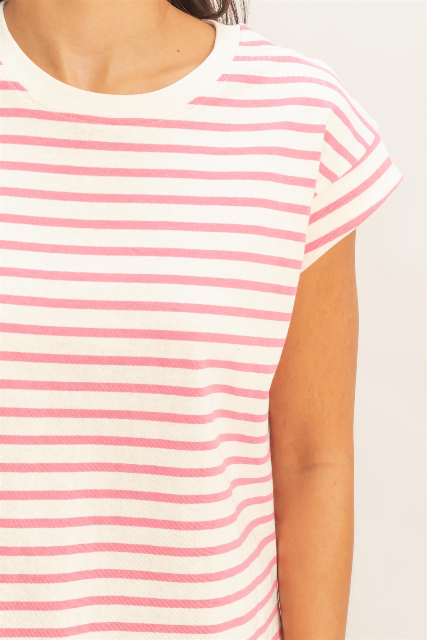 Wholesale Striped Cap Sleeve Relaxed Everyday Tee Clothing Tops DZ26C059 PINK DOUBLE ZERO