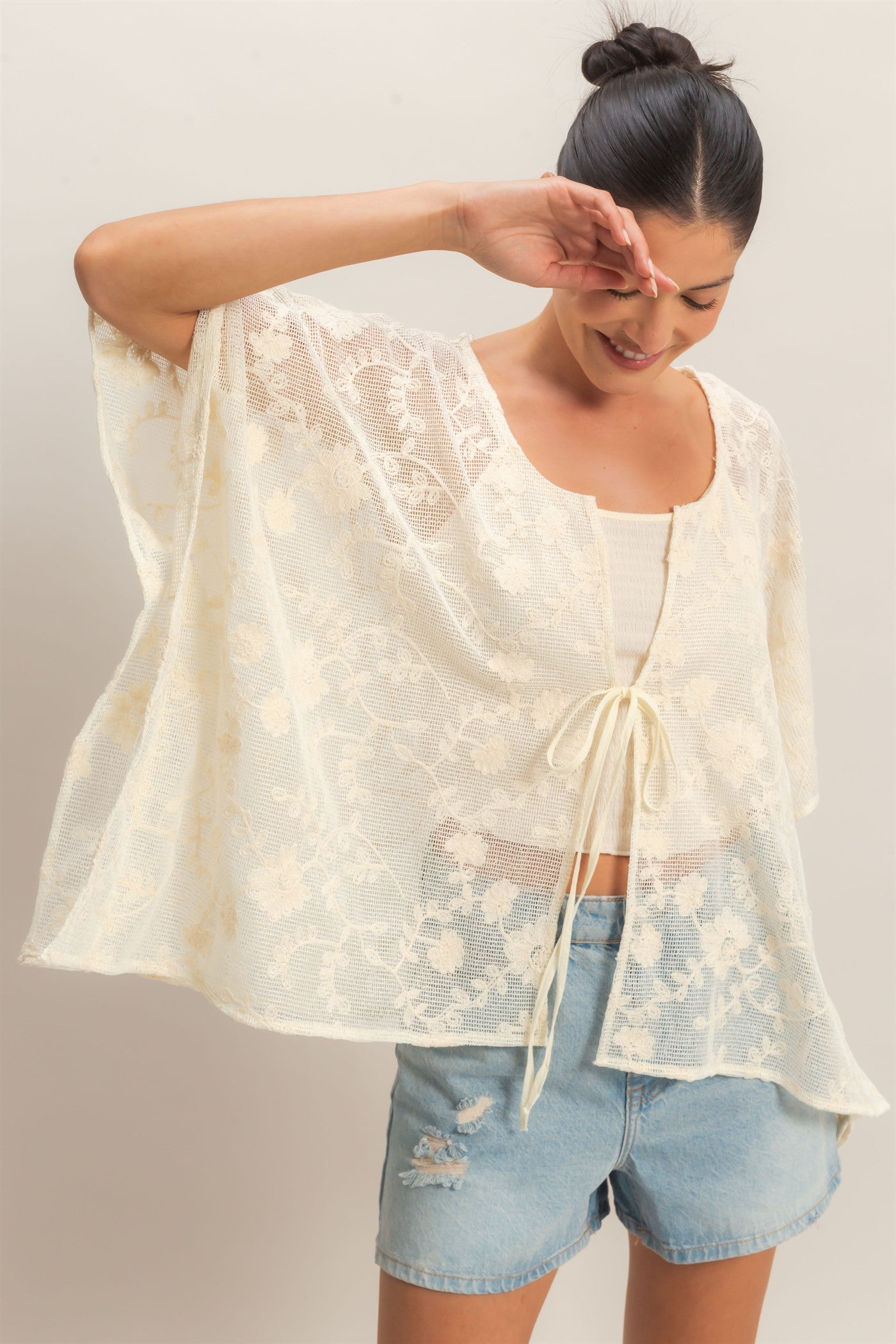 Wholesale Floral Lace Cover-Up Clothing Tops HF26C196 NATURAL HYFVE