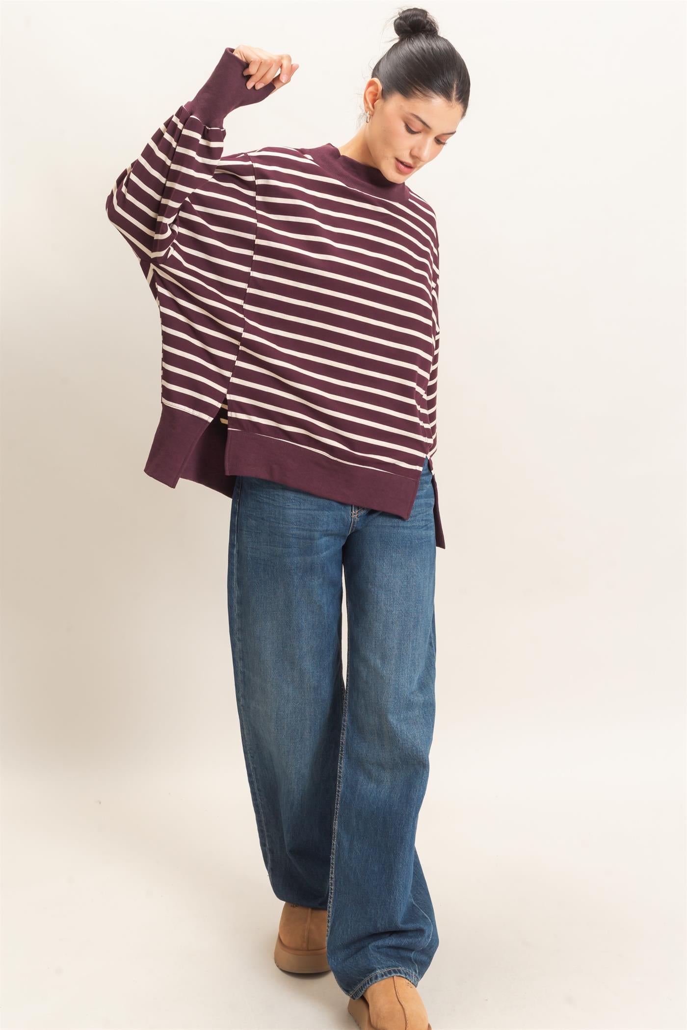 Wholesale Striped Mock Neck Sweatshirt Sweatshirts HF27A178-D RASPBERRY/ECRU HYFVE