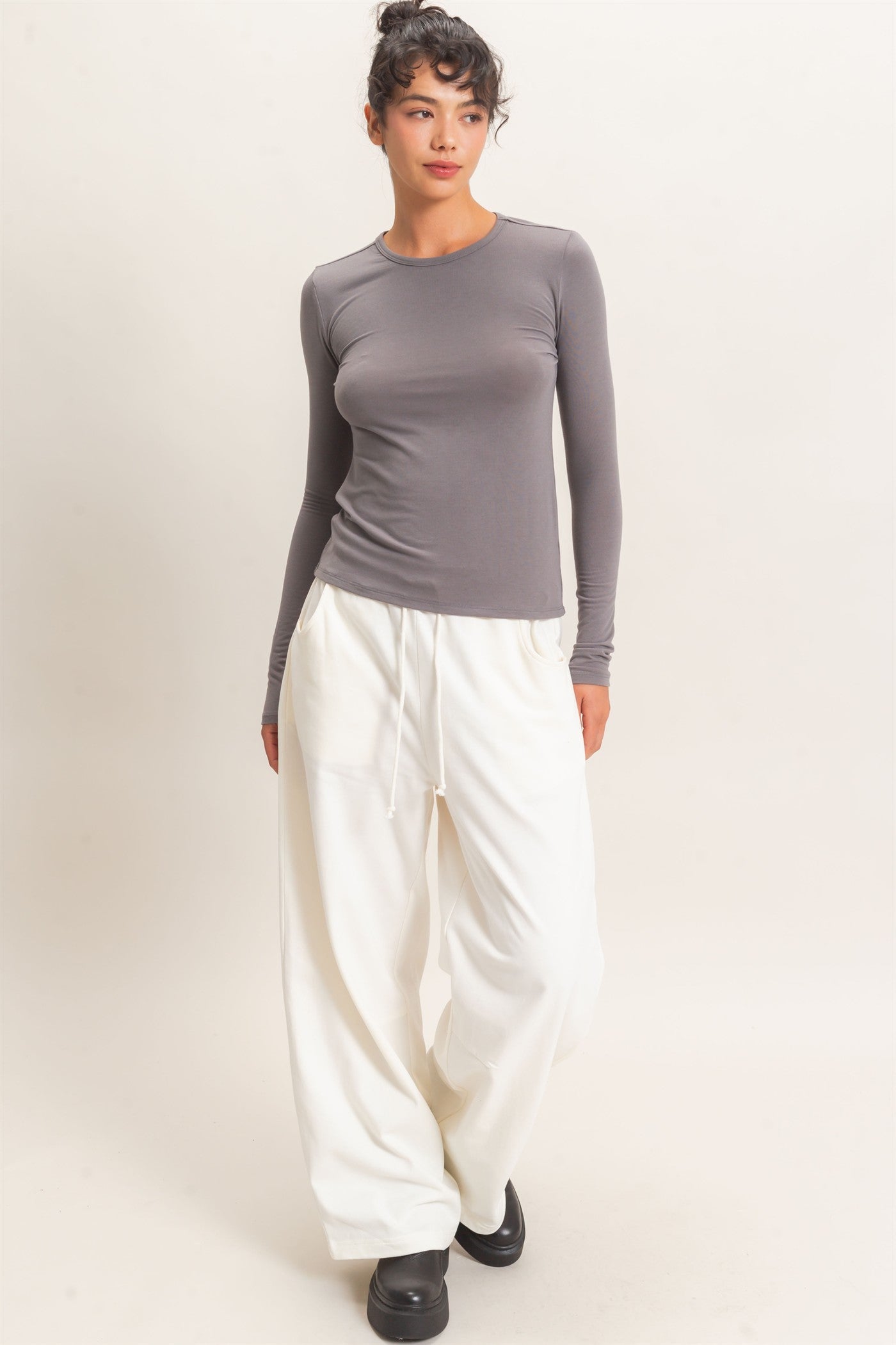 Wholesale Crew Neck Long Sleeve Top Clothing Tops DZ26E258 CHARCOAL DOUBLE ZERO
