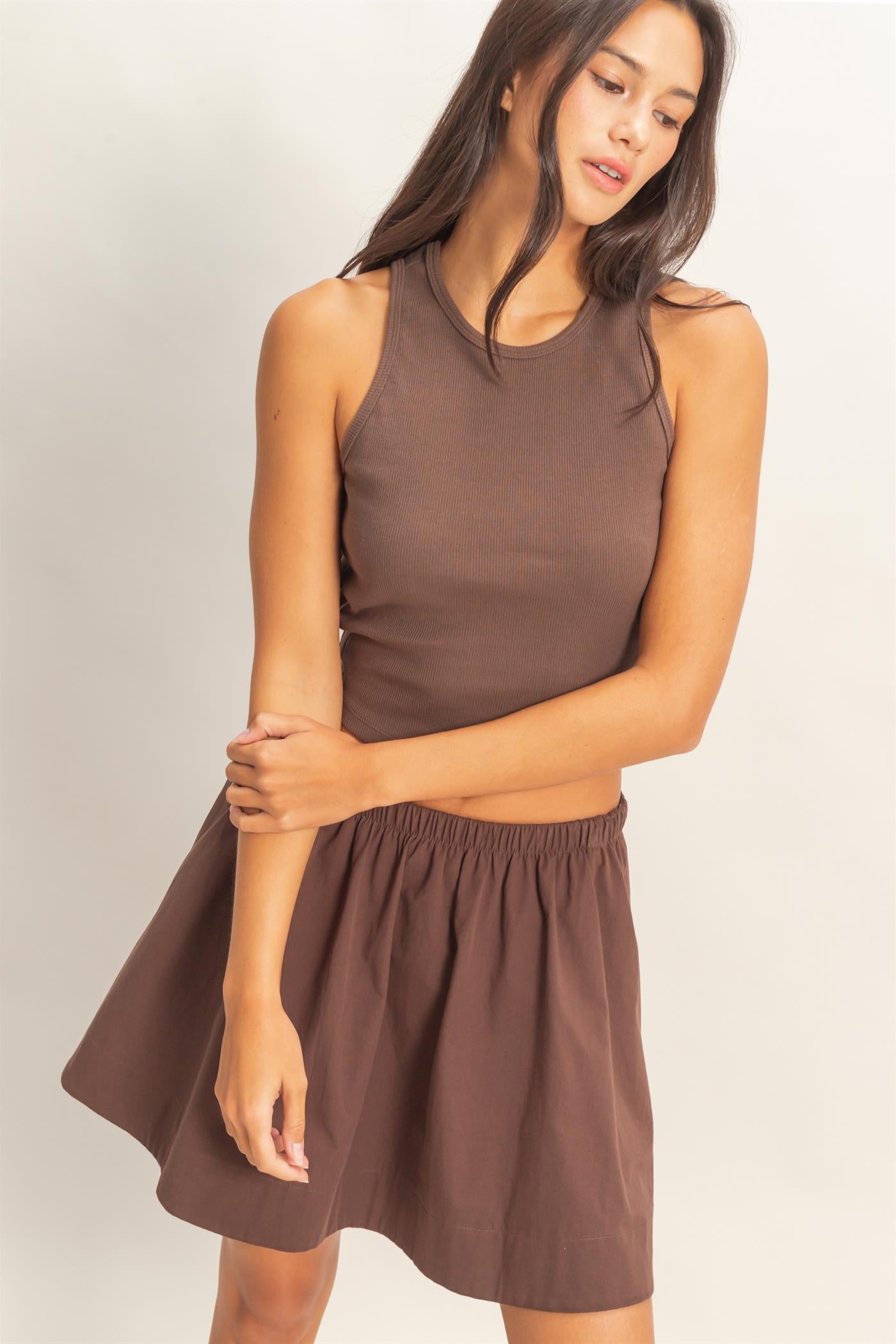 Wholesale Sleeveless Ribbed Top And Skirt Set Clothing DZ26C346-SET CHOCOLATE DOUBLE ZERO