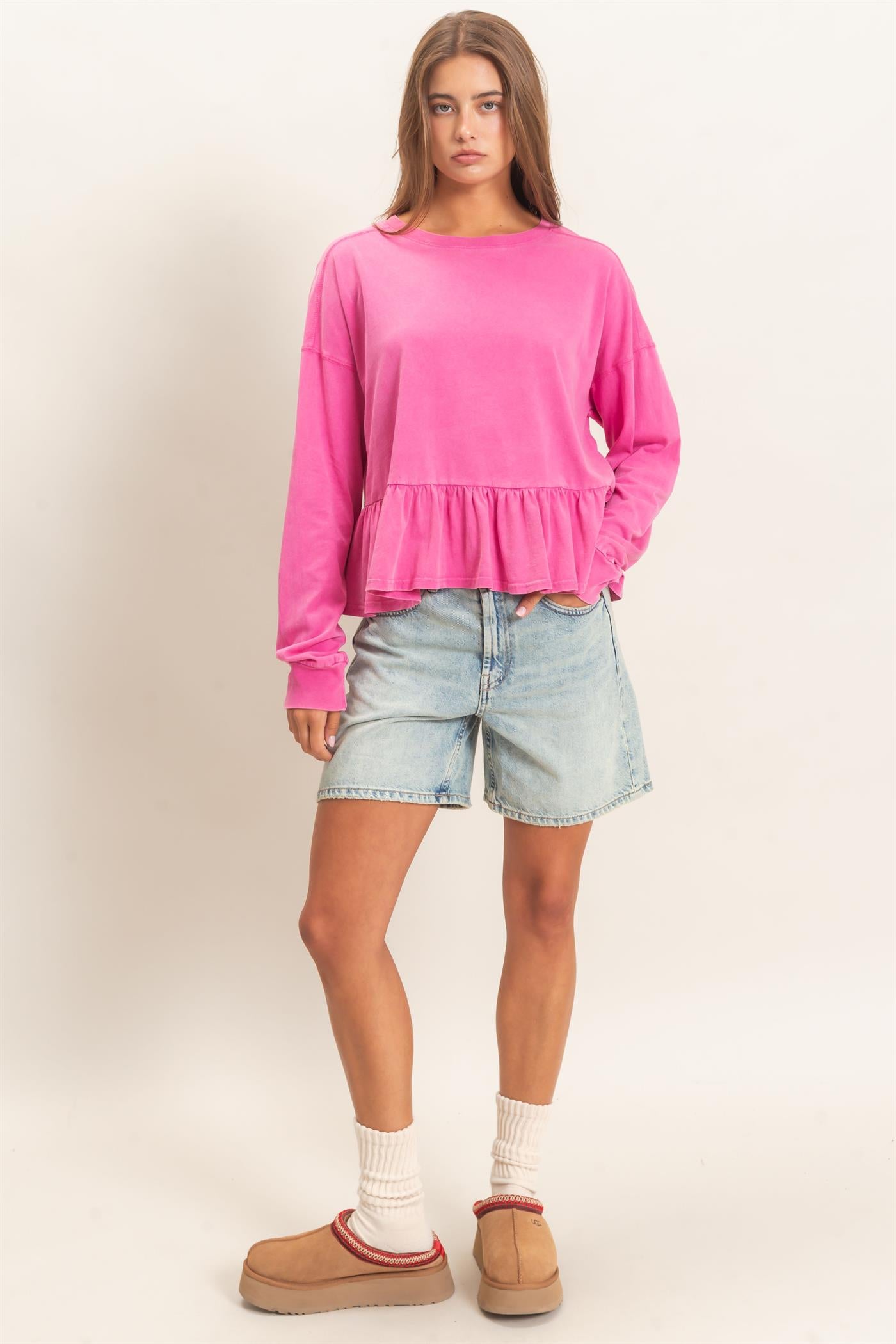 Wholesale Peplum Long Sleeve Top Clothing Tops DZ26F397 FUCHSIA DOUBLE ZERO