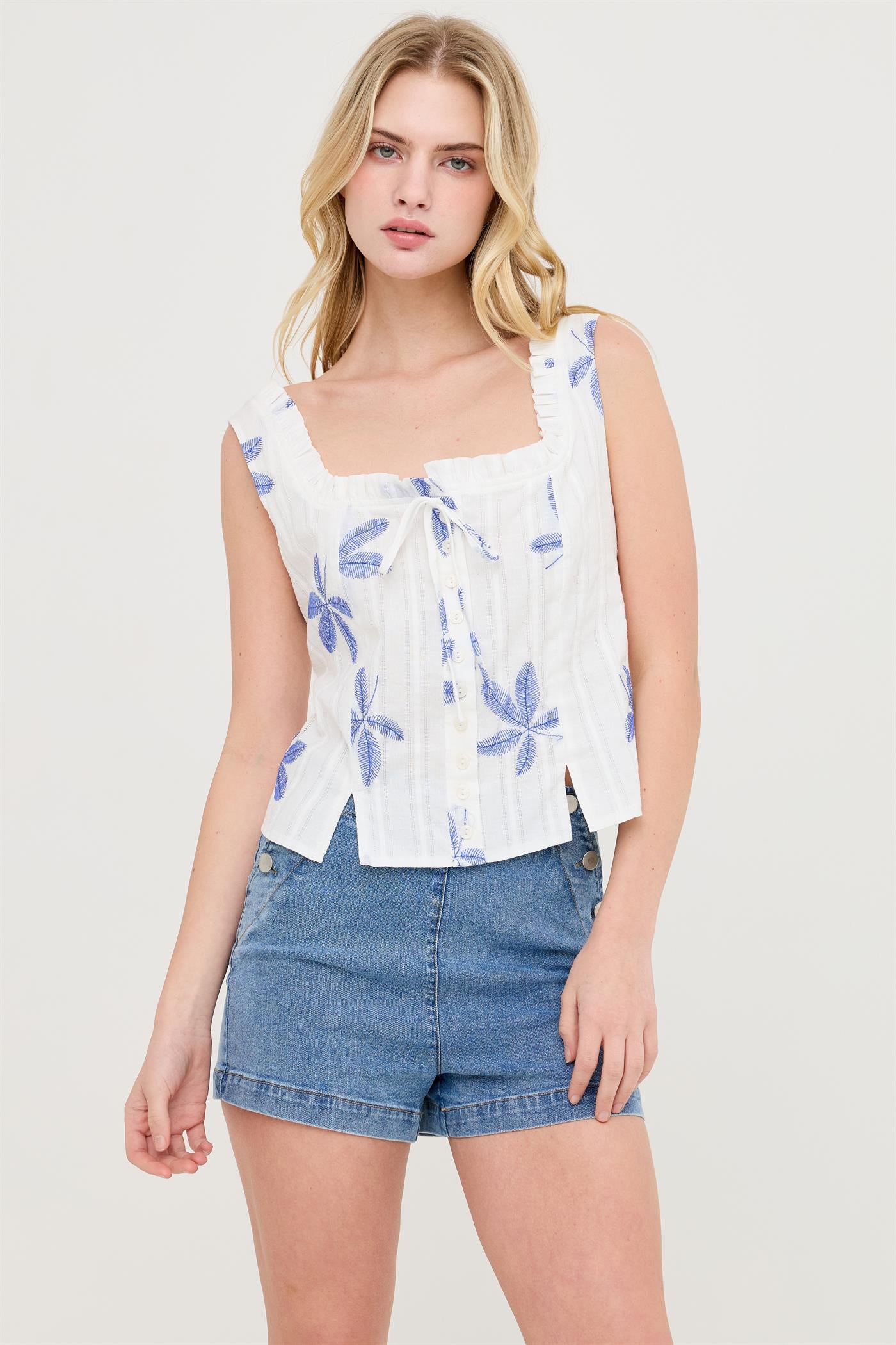 Wholesale Sleeveless Square Neck Ruffle Top Clothing Tops HF26A484 BLUE HYFVE