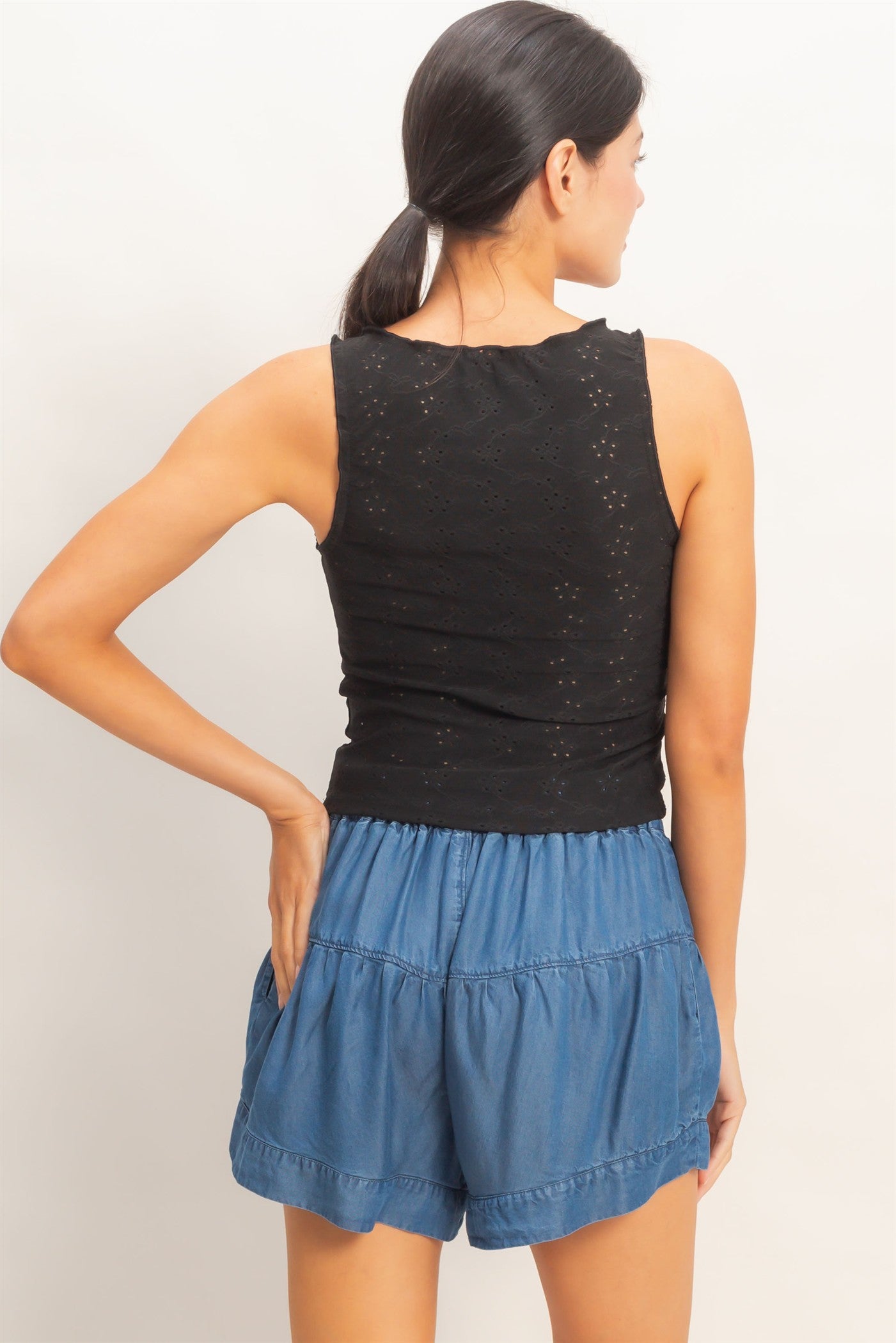 Wholesale Ruched Eyelet Knit Tank Tank Tops HF26C141 BLACK HYFVE