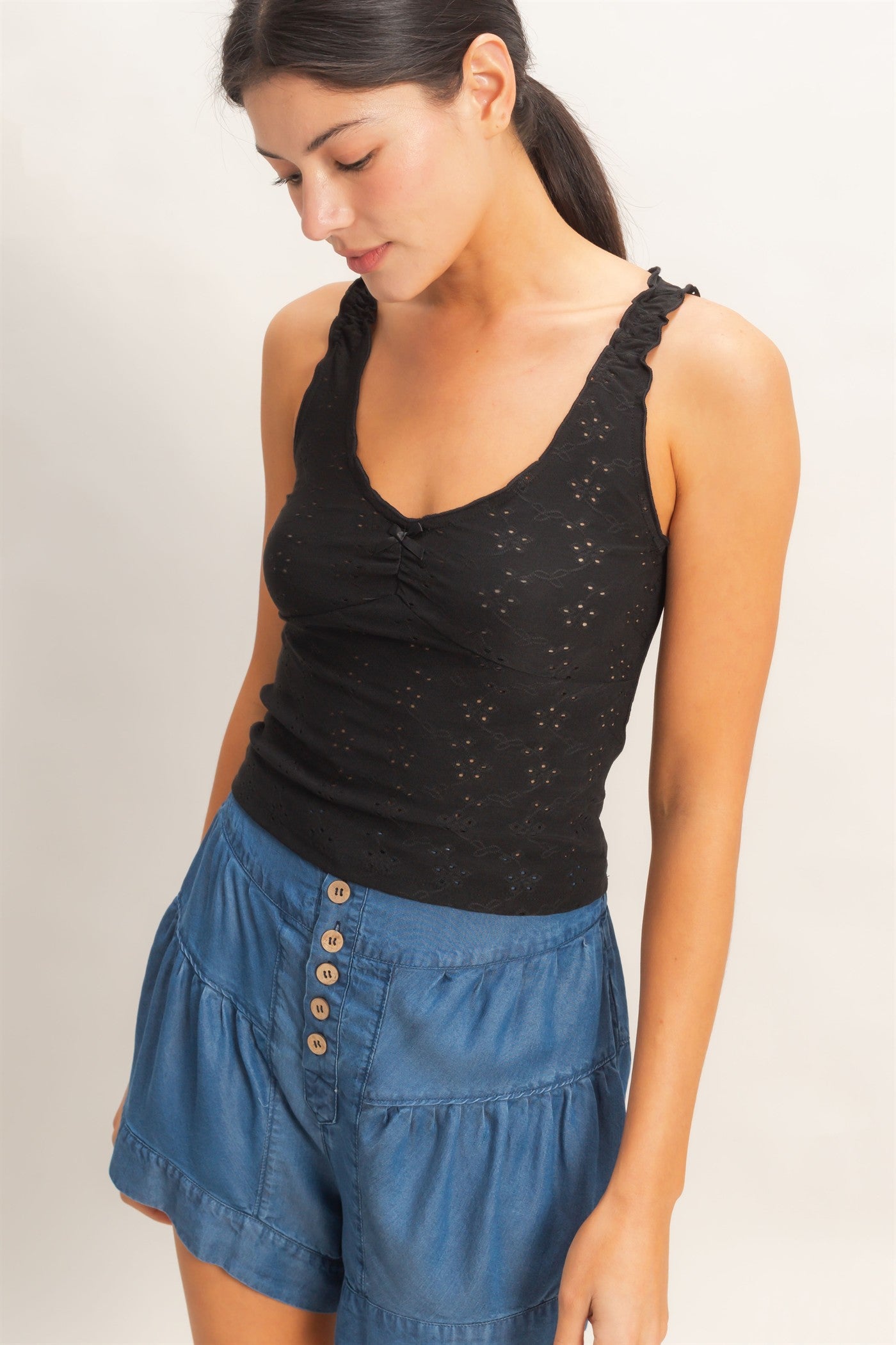 Wholesale Ruched Eyelet Knit Tank Tank Tops HF26C141 BLACK HYFVE