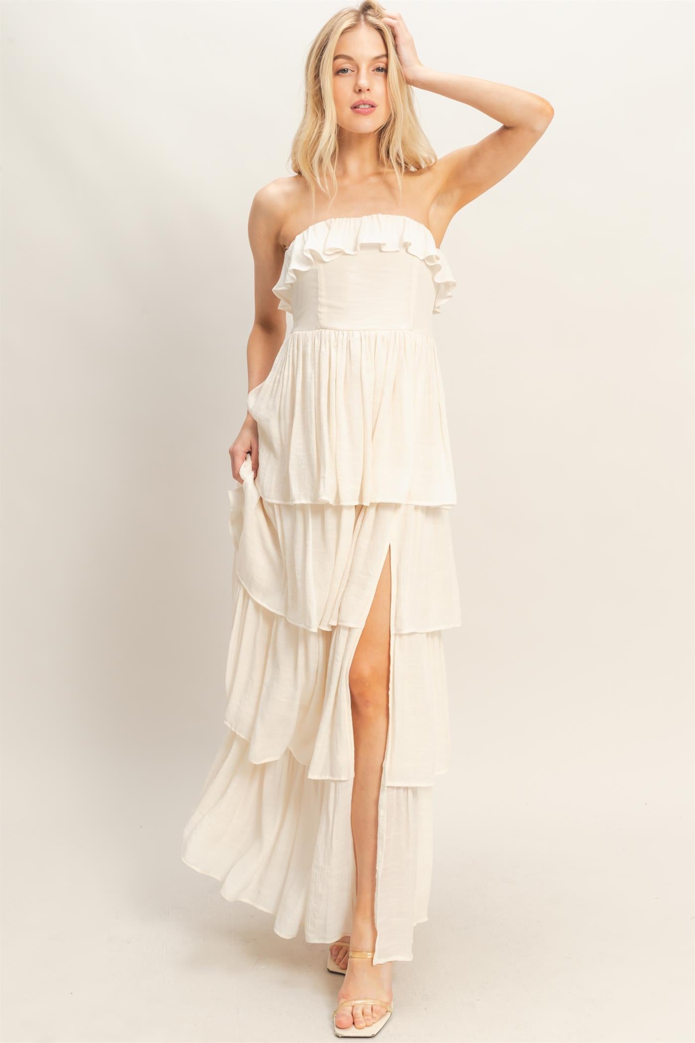 Wholesale Tiered Strapless Ruffle Dress Dresses HF26A616-D CREAM HYFVE