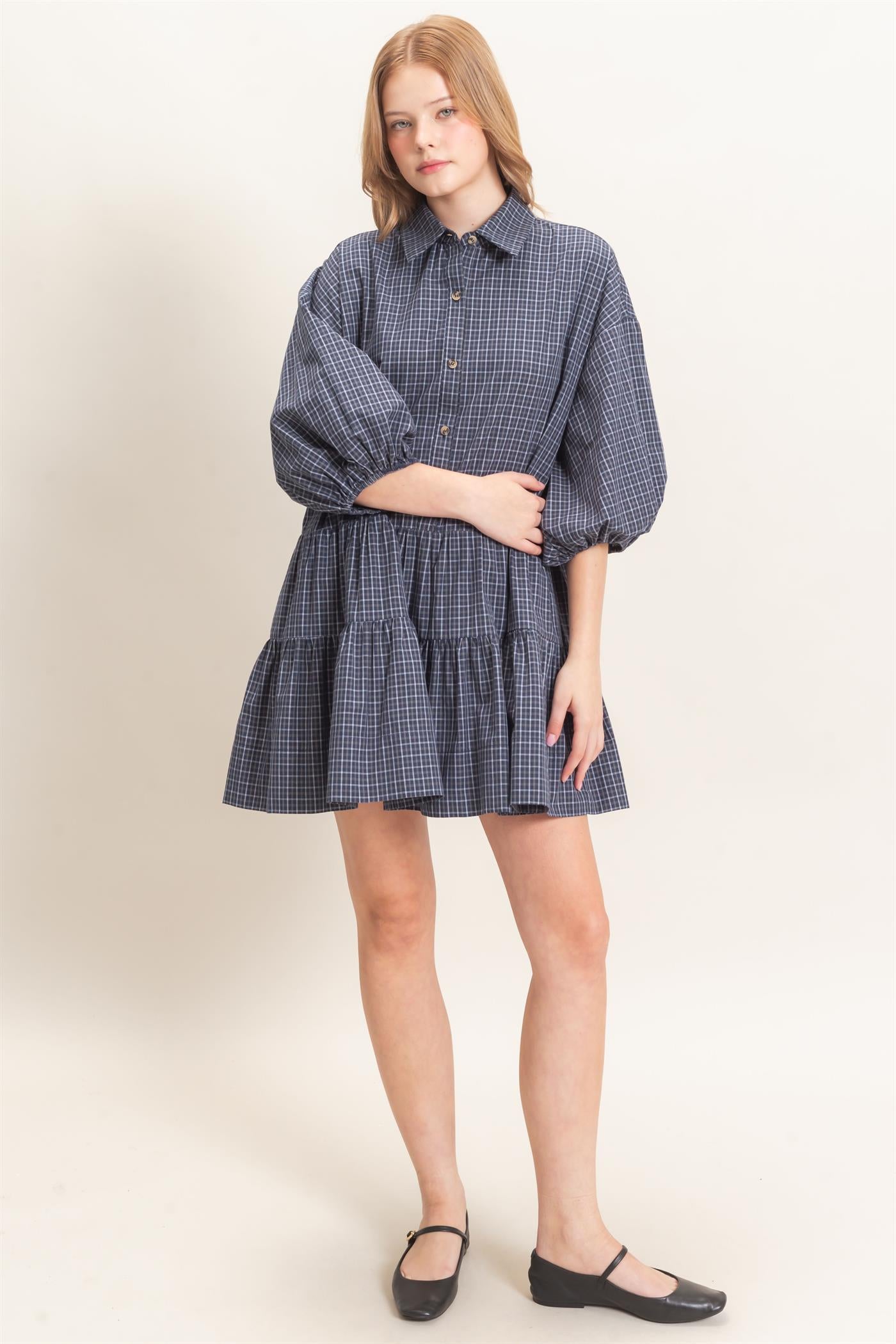 Wholesale Plaid Button-Down Tiered Dress Dresses HF26E795 NAVY HYFVE
