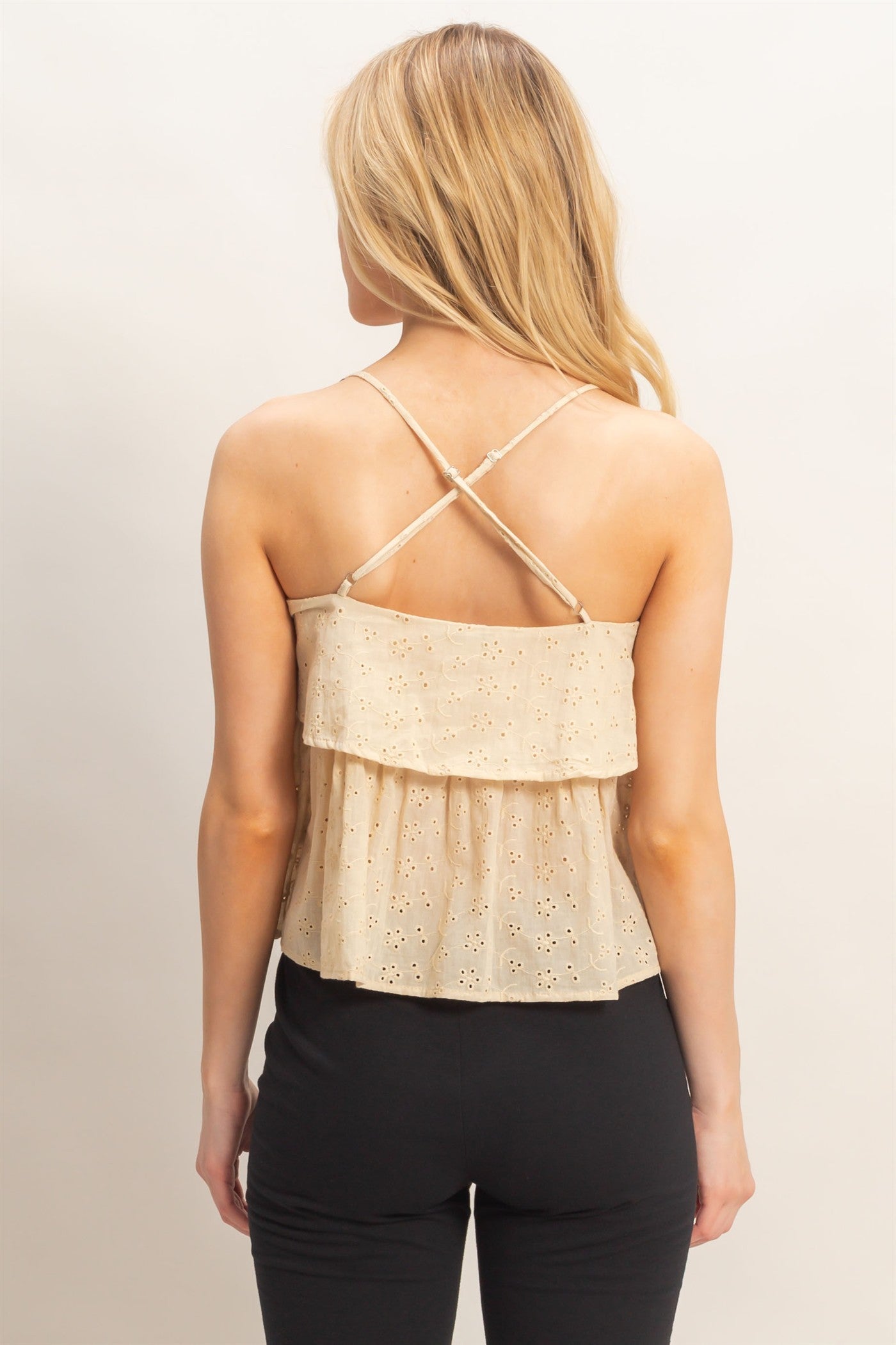 Wholesale Tiered Floral Eyelet Top Blouses HF26A852 NATURAL HYFVE