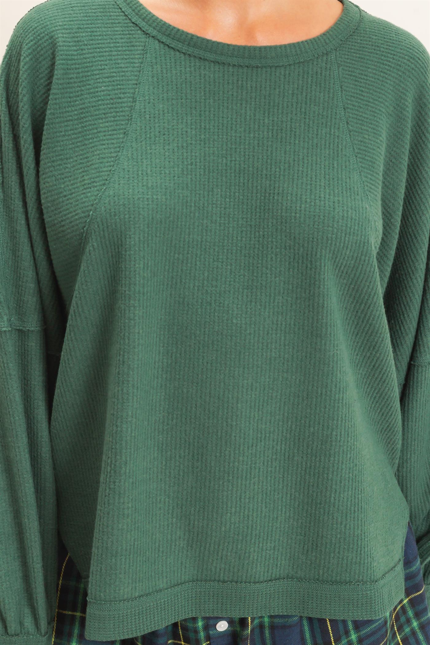 Wholesale Brushed Waffle Long Sleeve Top Clothing Tops DZ26F312 DARK GREEN DOUBLE ZERO