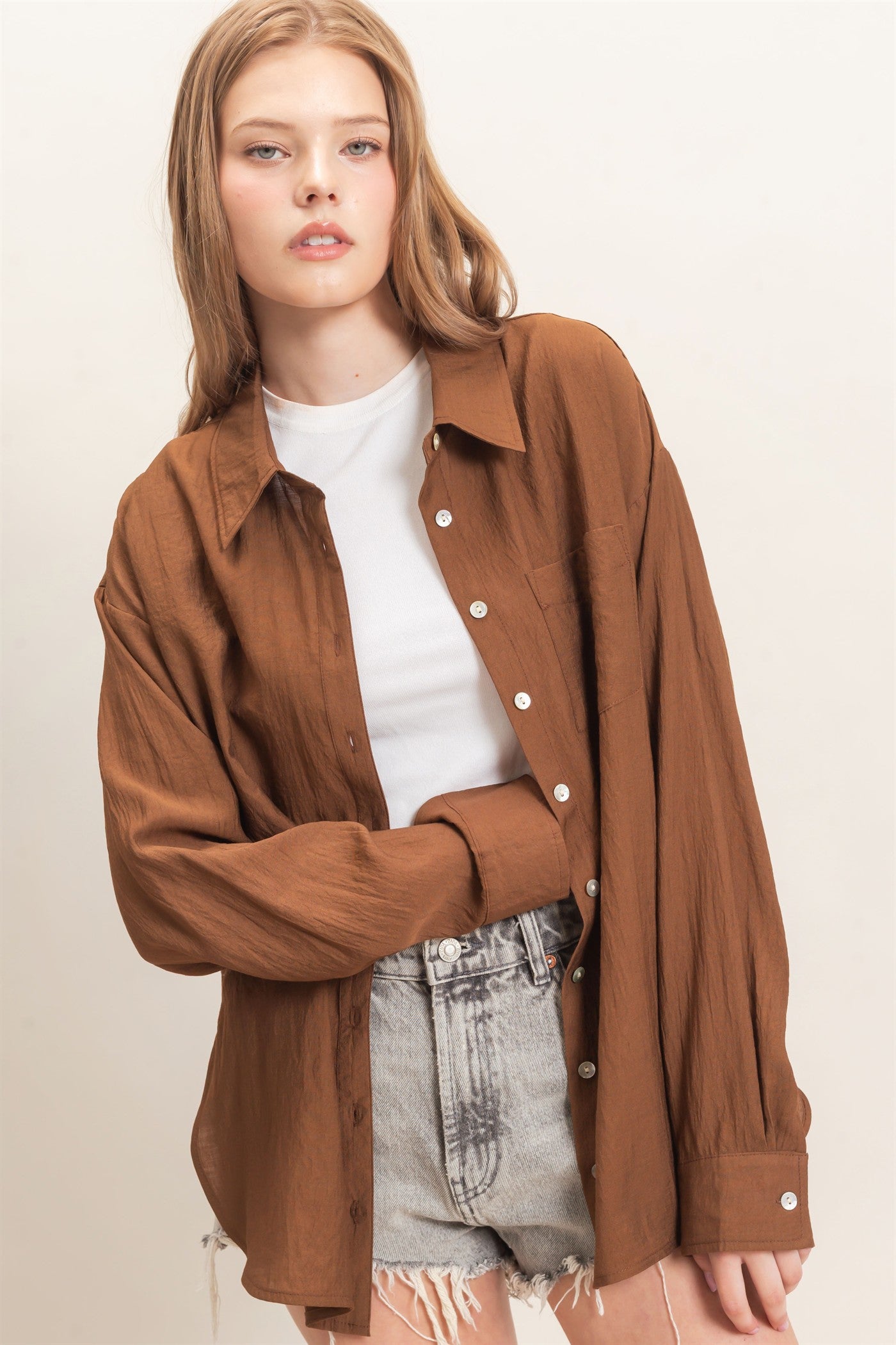 Wholesale Crinkled Button-Up Shirt Clothing Tops HF26E691 BROWN HYFVE