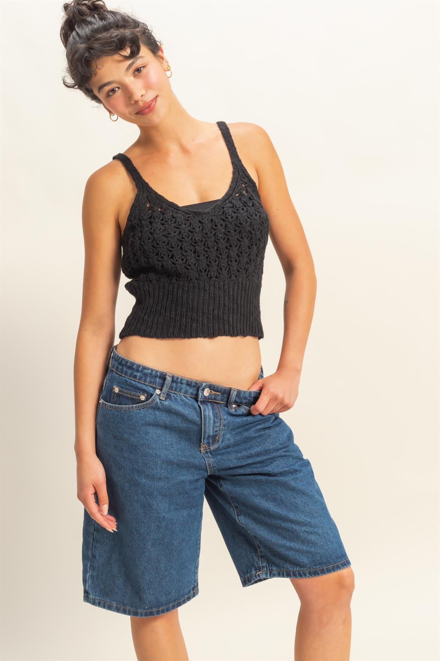 Wholesale Crochet Crop Top Clothing Tops DZ22C228 BLACK DOUBLE ZERO