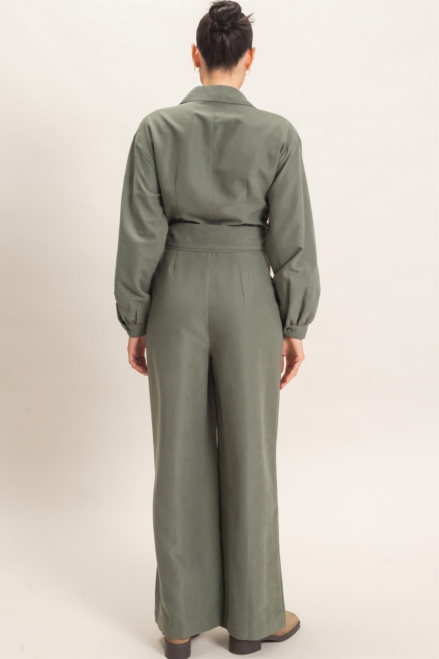 Wholesale Collared Wrap Suede Jumpsuit Clothing HF26C905 FOREST GREEN HYFVE