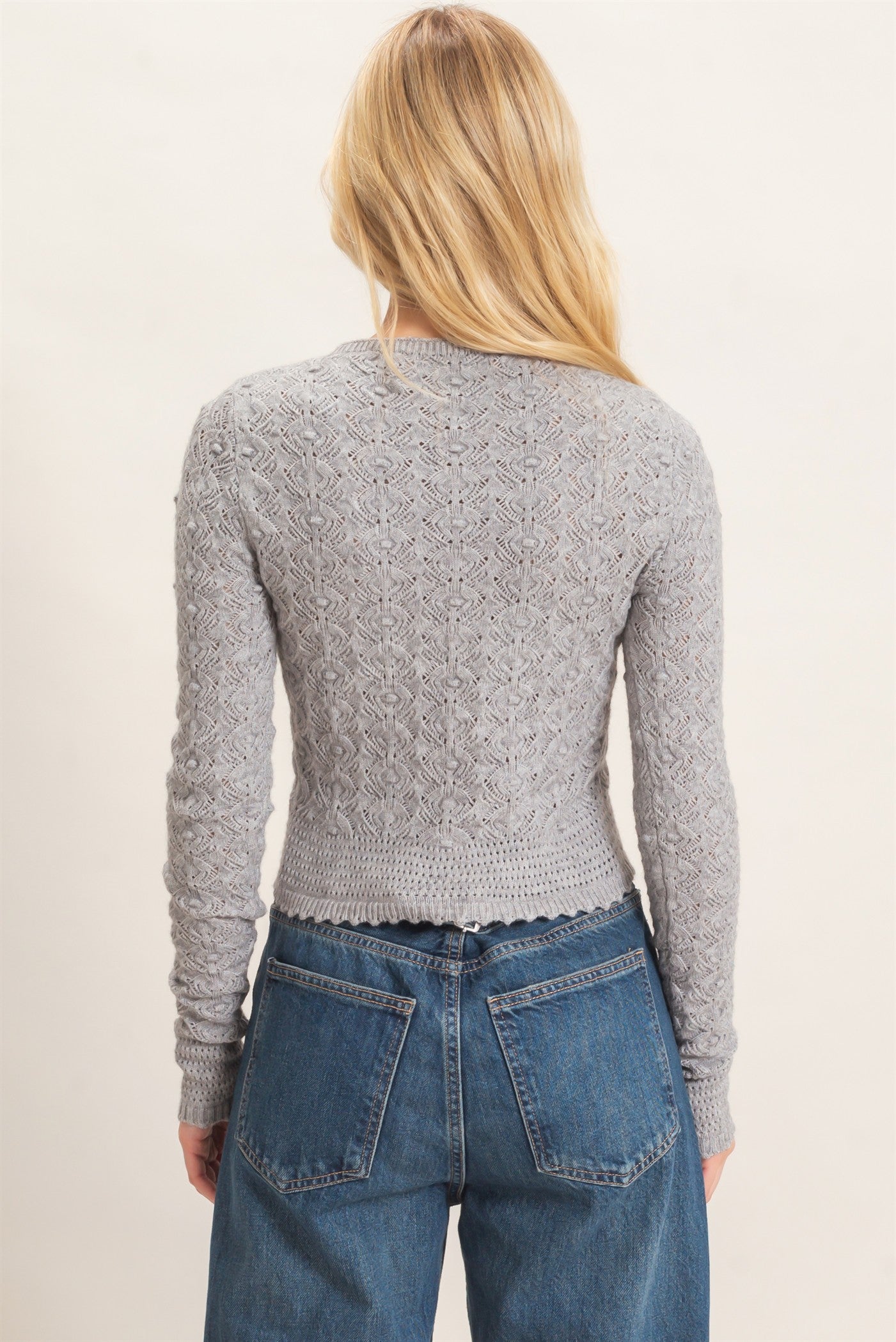 Wholesale Crochet Scalloped Hem Sweater Sweaters HF26F195 HEATHER GRAY HYFVE