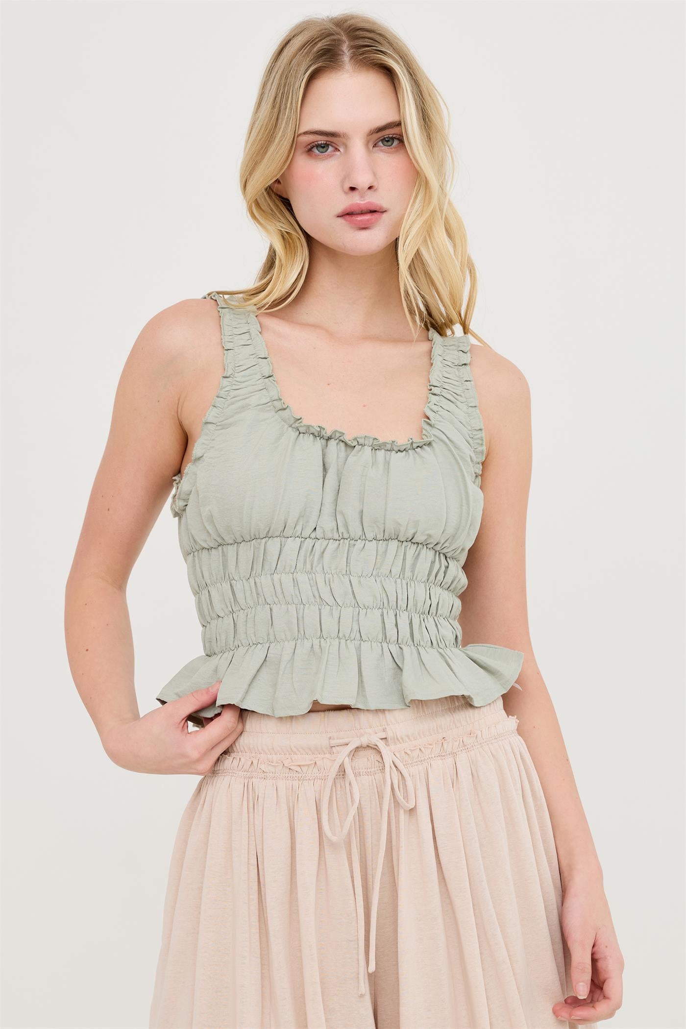 Wholesale Ruched Square Neck Smocked Top Clothing Tops HF26E388-D SAGE HYFVE