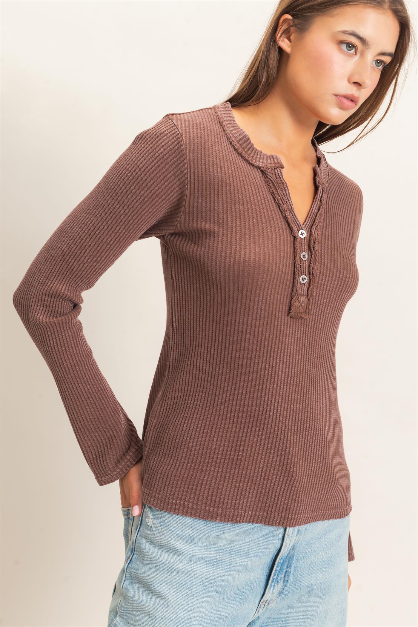 Wholesale Mineral Wash Waffle Henley Long Sleeve Top Clothing Tops DZ26E243 DARK BROWN DOUBLE ZERO