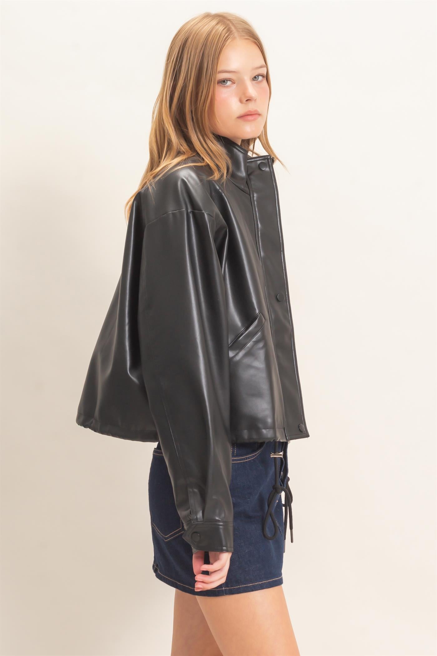 Wholesale Faux Leather Jacket With Stand Collar Bomber Jackets HF25F452 BLACK HYFVE