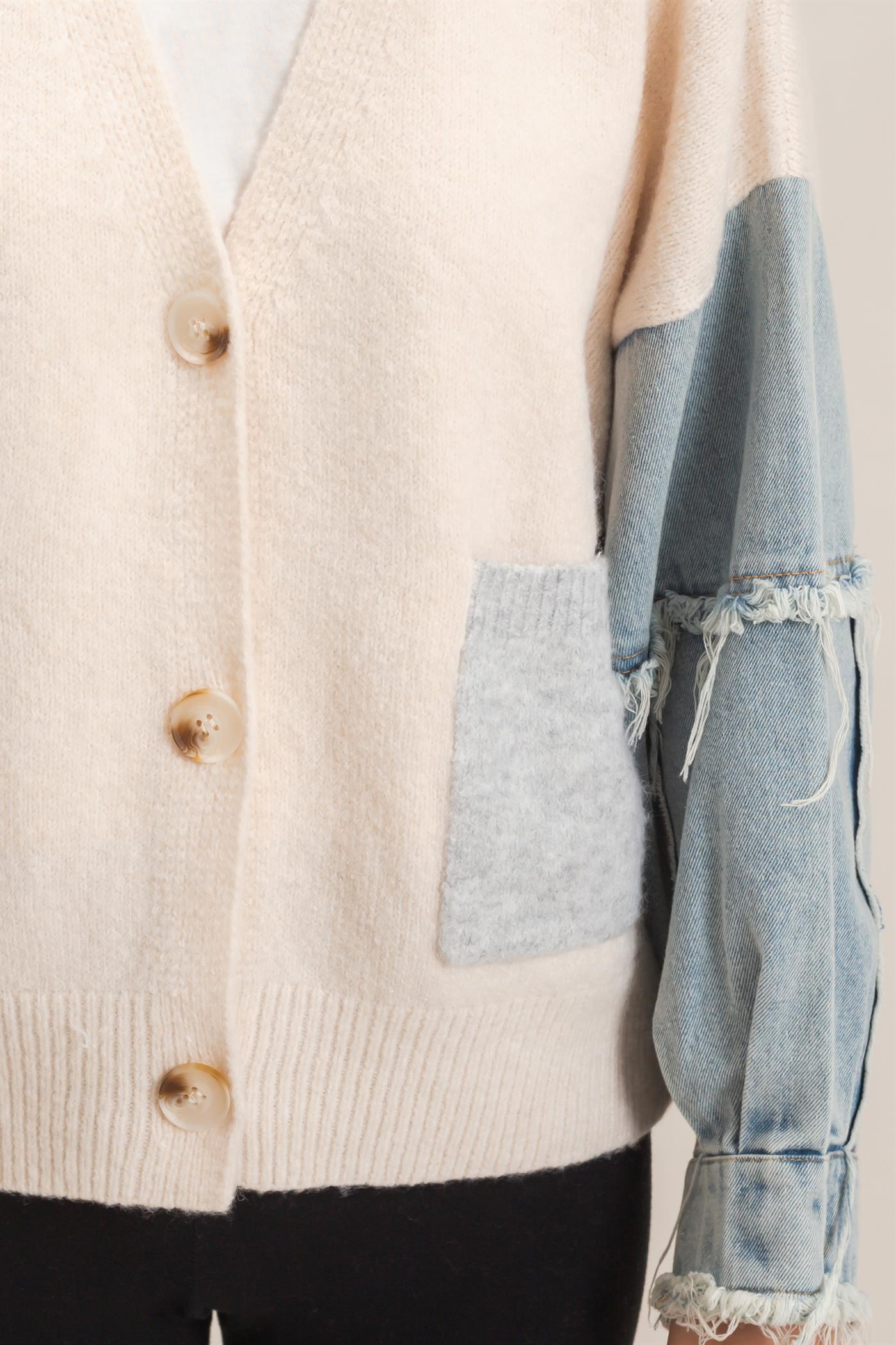 Wholesale V-Neck Cardigan With Distressed Denim Sleeves Cardigans HF26E838 OATMEAL HYFVE