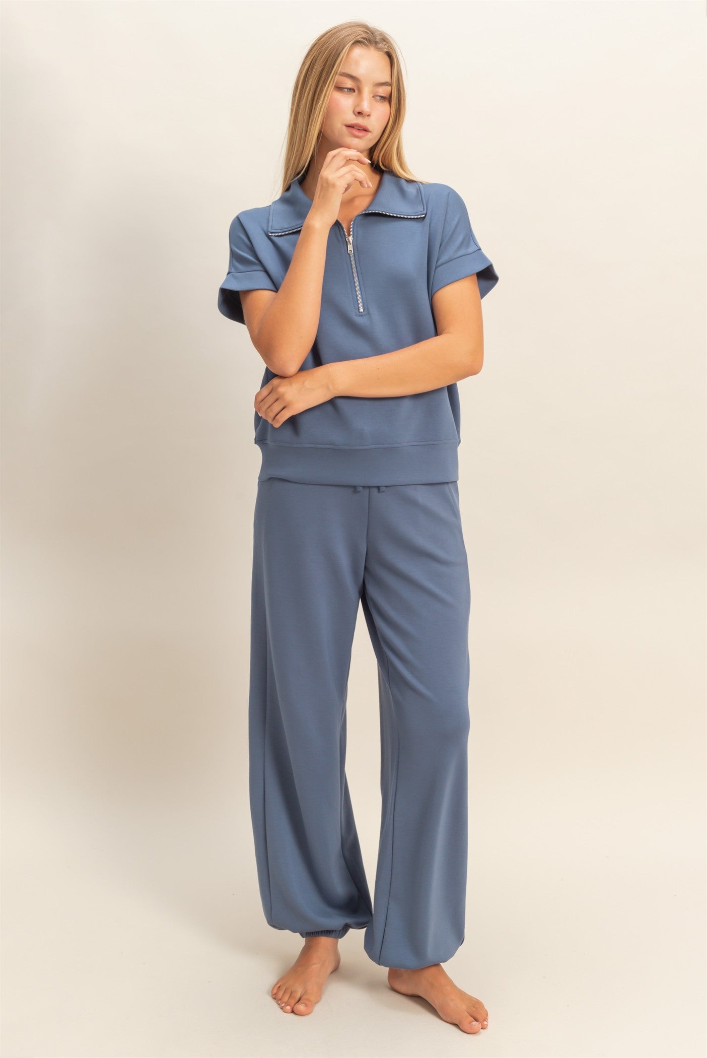 Wholesale Short Sleeve High Neck Half-Zip Top Clothing Tops DZ26C735 DUSTY NAVY DOUBLE ZERO
