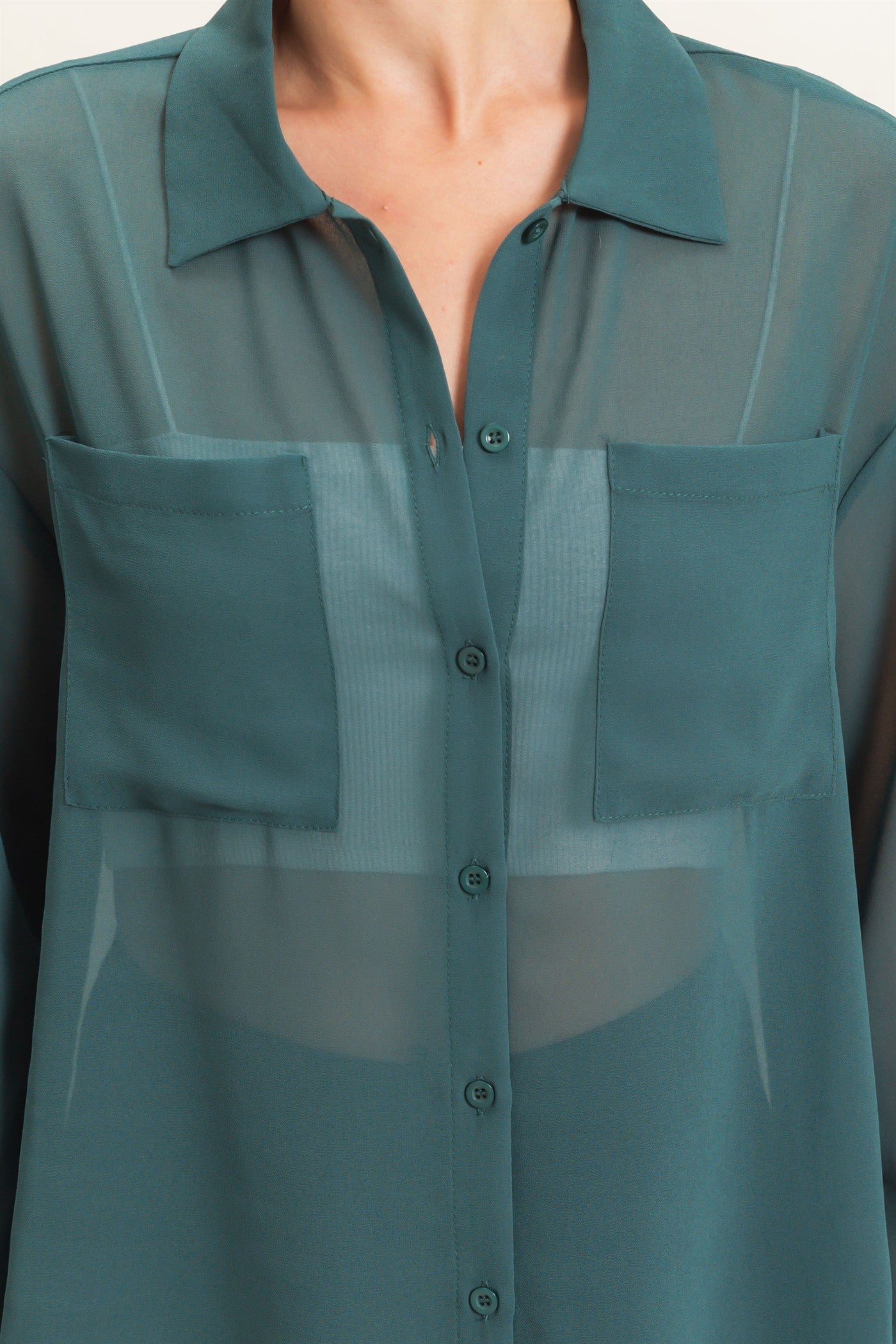 Wholesale Button-Down Collar Blouse Shirts HF26F067 TEAL GREEN HYFVE