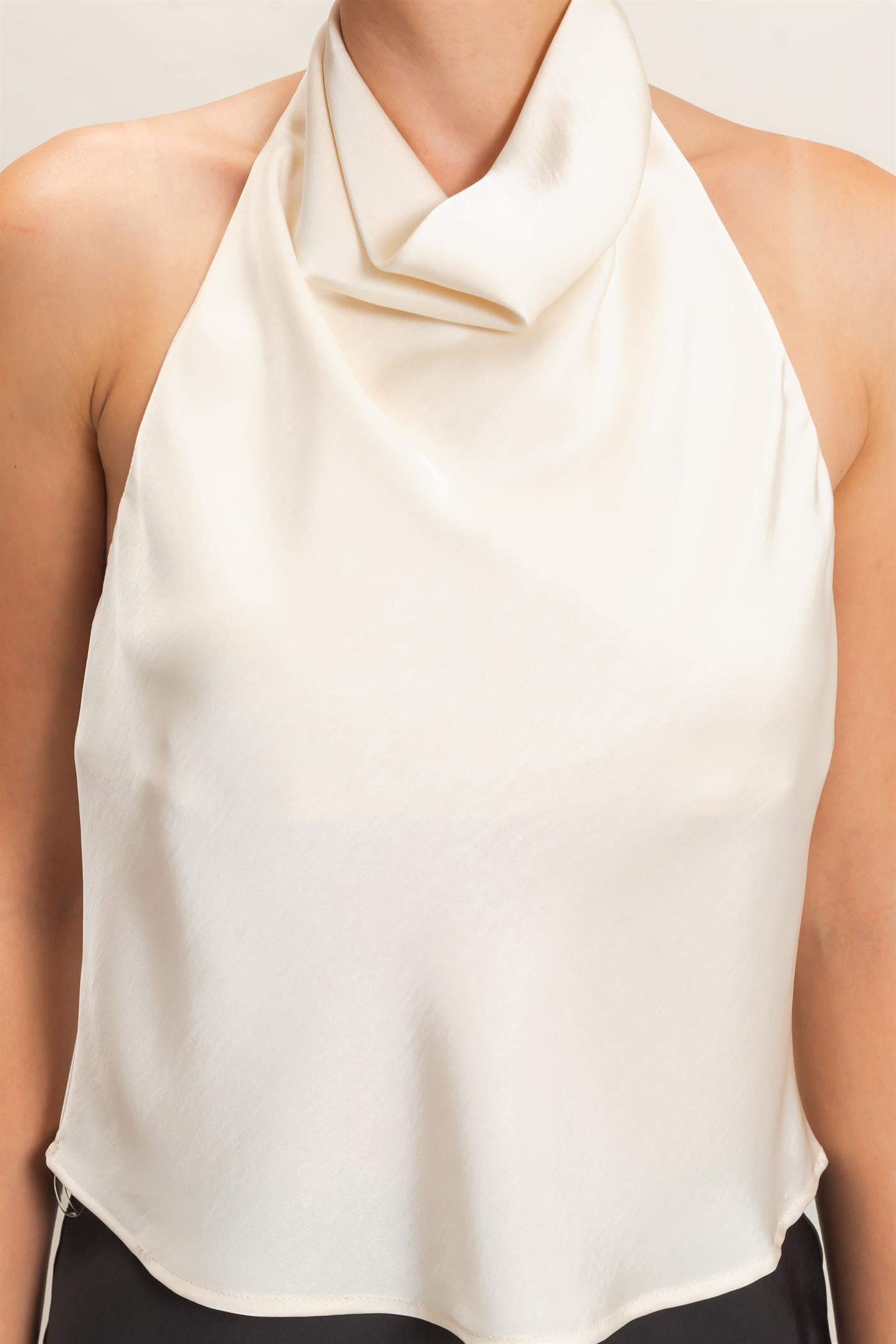 Wholesale Draped Halter Satin Top Blouses HF26E632 CREAM HYFVE